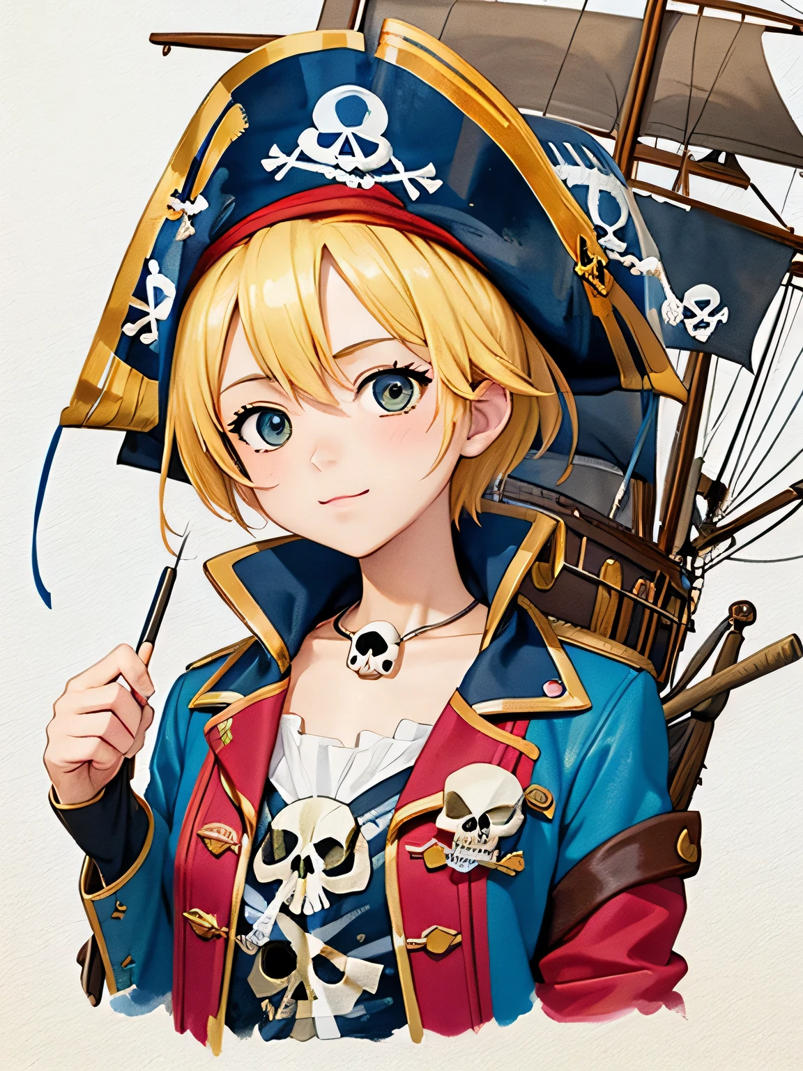 Eiichiro Oda Style、8K Quality、Intense watercolor, Detailed watercolor art, Watercolor splash, Surreal, avant-garde pop art, Beautiful and expressive paintings, Beautiful artwork illustration, Very colorful tones, wonderful, Cool beauty, highest quality、Official Art, Vector art, Stylish design, (((The most beautiful pirate girl))), (((highest quality))), HDR, ((detailed)), (((Doodle Art)), ((masterpiece)), ((Super detailed)), (((The background is a pirate ship))),(((skull fashion))),