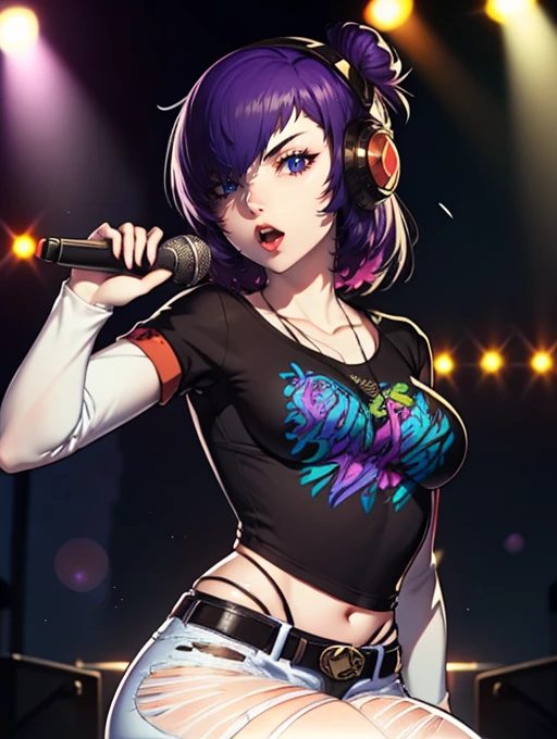 shez, purple hair,hair over one eye,earrings ,lipstick, eye shadow, makeup, 1girl, solo, black t-shirt, white shirt, blue jeans, belt, lipstick, large breasts, layered sleeves, sexy pose, holding a microphone, singing, stage background, headphones