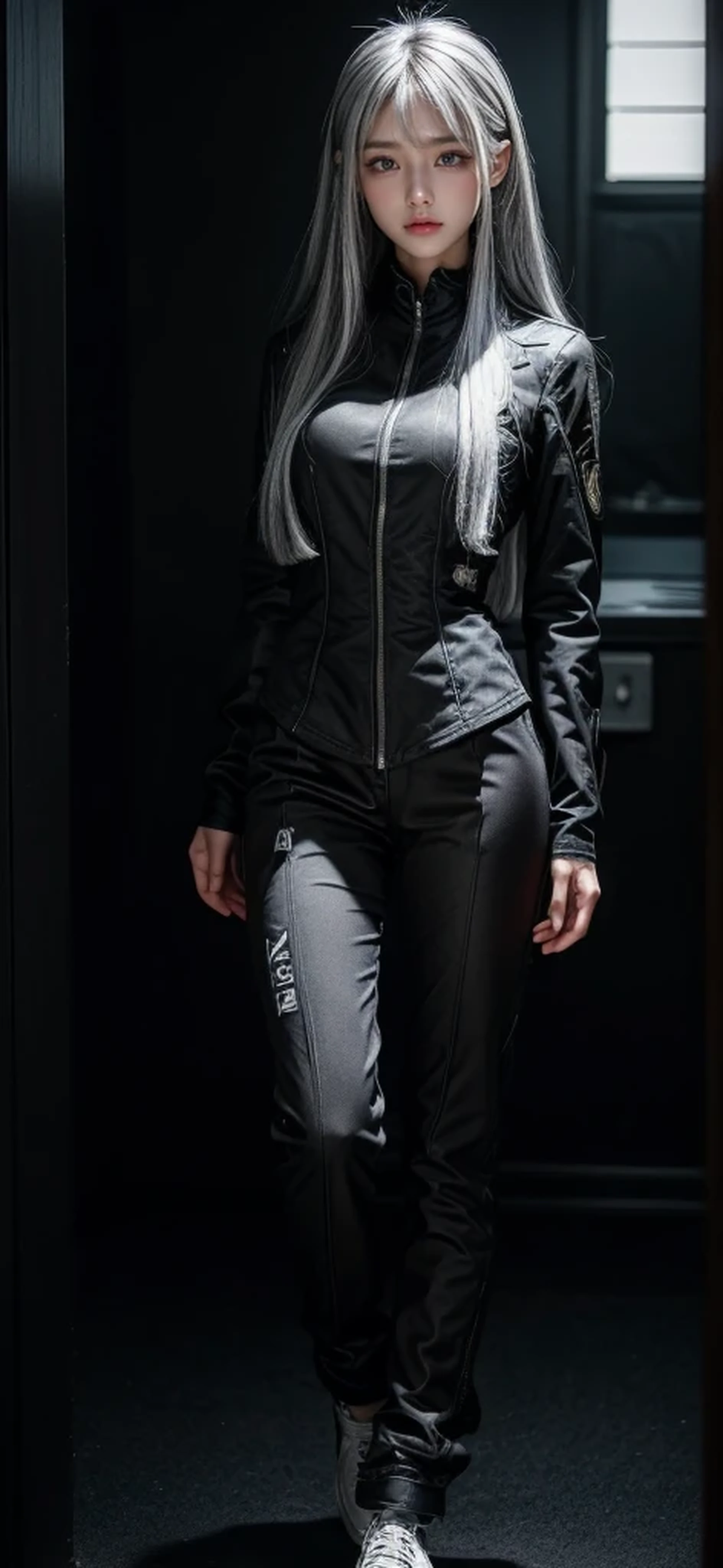 Military Uniforms,pants,black military uniform,whole body,Height: 168cm,almond shape eyes,{{{{{silver eyes}}}}},{{{{{dull bangs}}}}},(slanted eyes},{{whole body},{{{1 girl}}}, long hair, straight hair,{{{{silver hair}}}},{{{tsurime}}},30 years old,{Medium chest},{{bush}},silver eyes,{{{masterpiece}}}, {{{highest quality}}}, {{Super detailed}}, {shape}, {{very delicate and beautiful}},very detailed,detailed perfect,detailed hyper,Abundant thighs,big ,black clothes