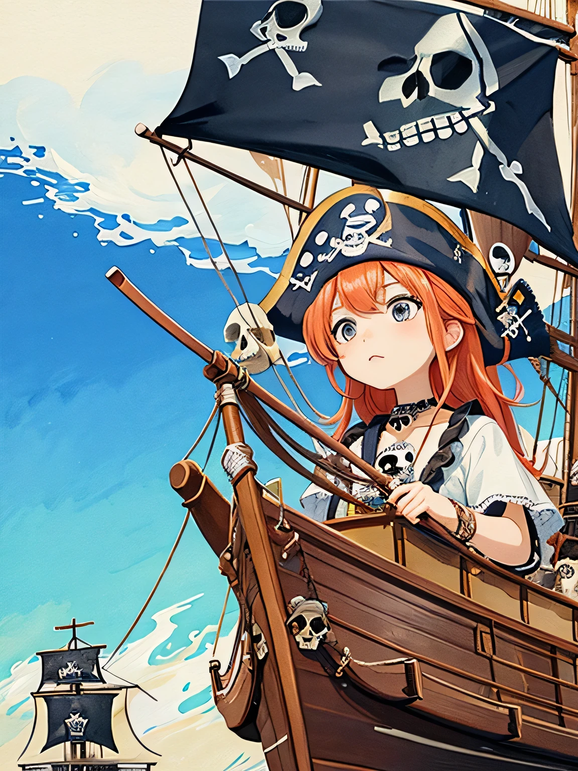 ((((pirate女帝 Skull Island swordを持つ)))) (((Skull pattern pirate Large Breasts))) ((Boat Orange Hair blue eyes)) ((necklace sword)) (noon Boatの上 sun cloud) Catch the wind Shining Background Light