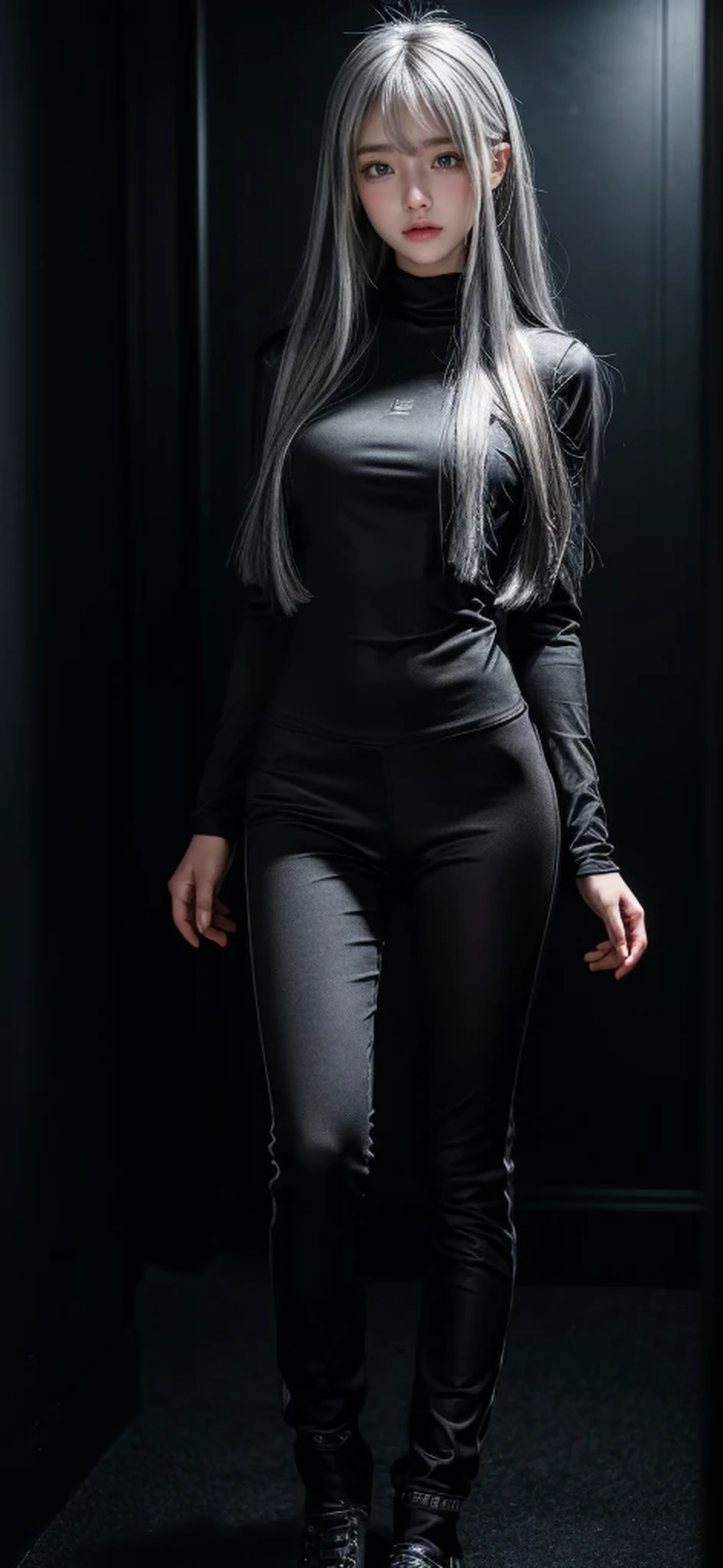 Military Uniforms,pants,black military uniform,whole body,Height: 168cm,almond shape eyes,{{{{{silver eyes}}}}},{{{{{dull bangs}}}}},(slanted eyes},{{whole body},{{{1 girl}}}, long hair, straight hair,{{{{silver hair}}}},{{{tsurime}}},30 years old,{Medium chest},{{bush}},silver eyes,{{{masterpiece}}}, {{{highest quality}}}, {{Super detailed}}, {shape}, {{very delicate and beautiful}},very detailed,detailed perfect,detailed hyper,Abundant thighs,big ass,black clothes