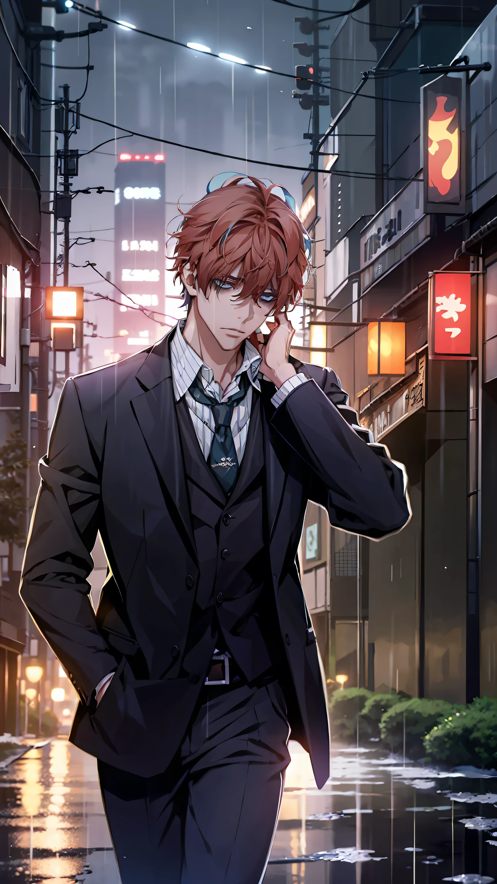 1 young man, male photo, business suit,melancholy look,night city,in Tokyo city,raining,high quality, best quality, masterpiece, 8K