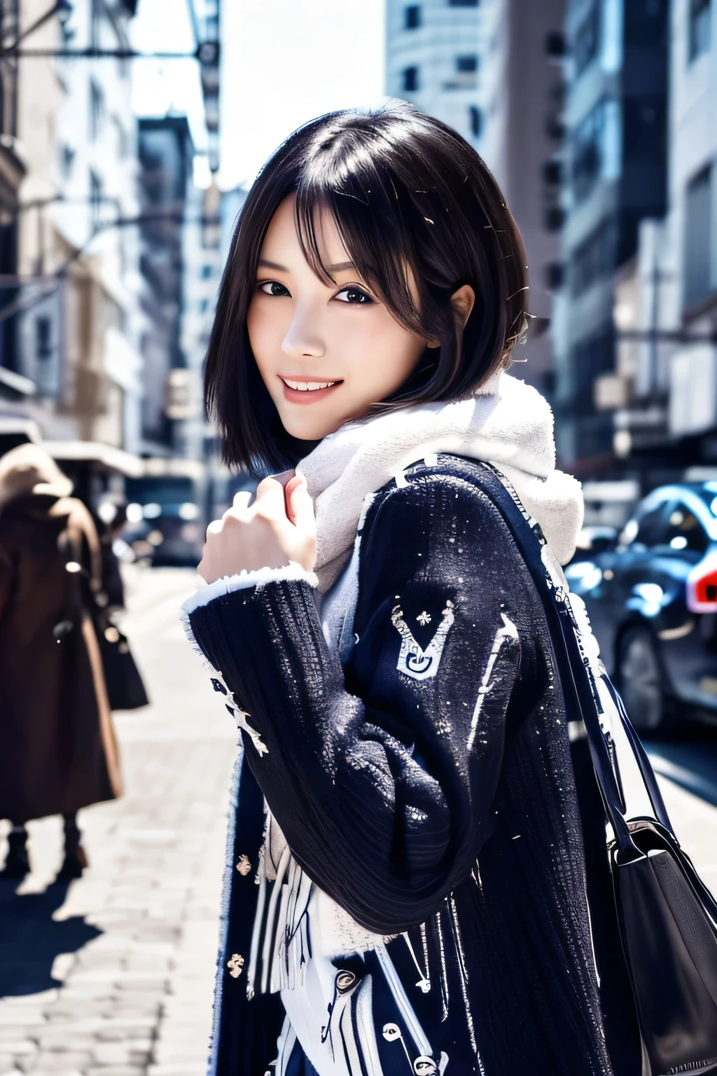 Yukiyuki Yukinoshita, yukinoshita yukino, Black Hair, blue eyes, short hair, Ahoge,smile,White long coat,Black sweater,scarf,Denim skinny pants,Stiletto heels,Daytime,winter,
break outdoors, city,Building city break looking at viewer whole body,(Cowboy Shot:1.5),
break (masterpiece:1.2), highest quality, High resolution, unity 8k wallpaper, (shape:0.8), (Beautiful and detailed:1.6), Highly detailed face, Perfect lighting, Highly detailed CG, (Perfect hands, Perfect Anatomy),