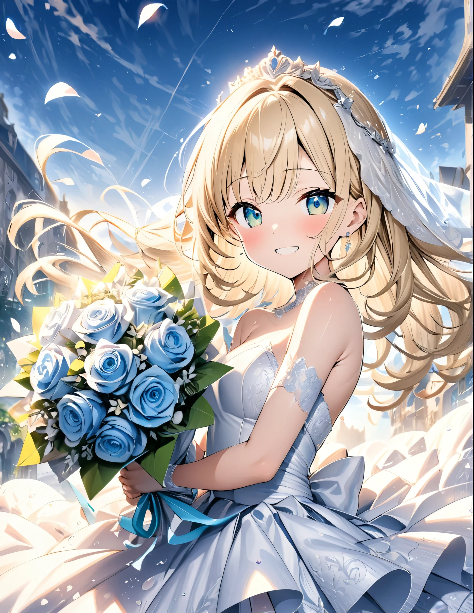 ((style:Colored pencil,pale colour))、(anime)、(masterpiece:1.2),atmospheric perspective,lens flare、White world。Light color、Wedding dress、Blonde、Emerald Eyes、cute、Backlight、Smile、Under the clear blue sky、Throw the bouquet with all your might、Petals flutter around、Fantastic works、Speed