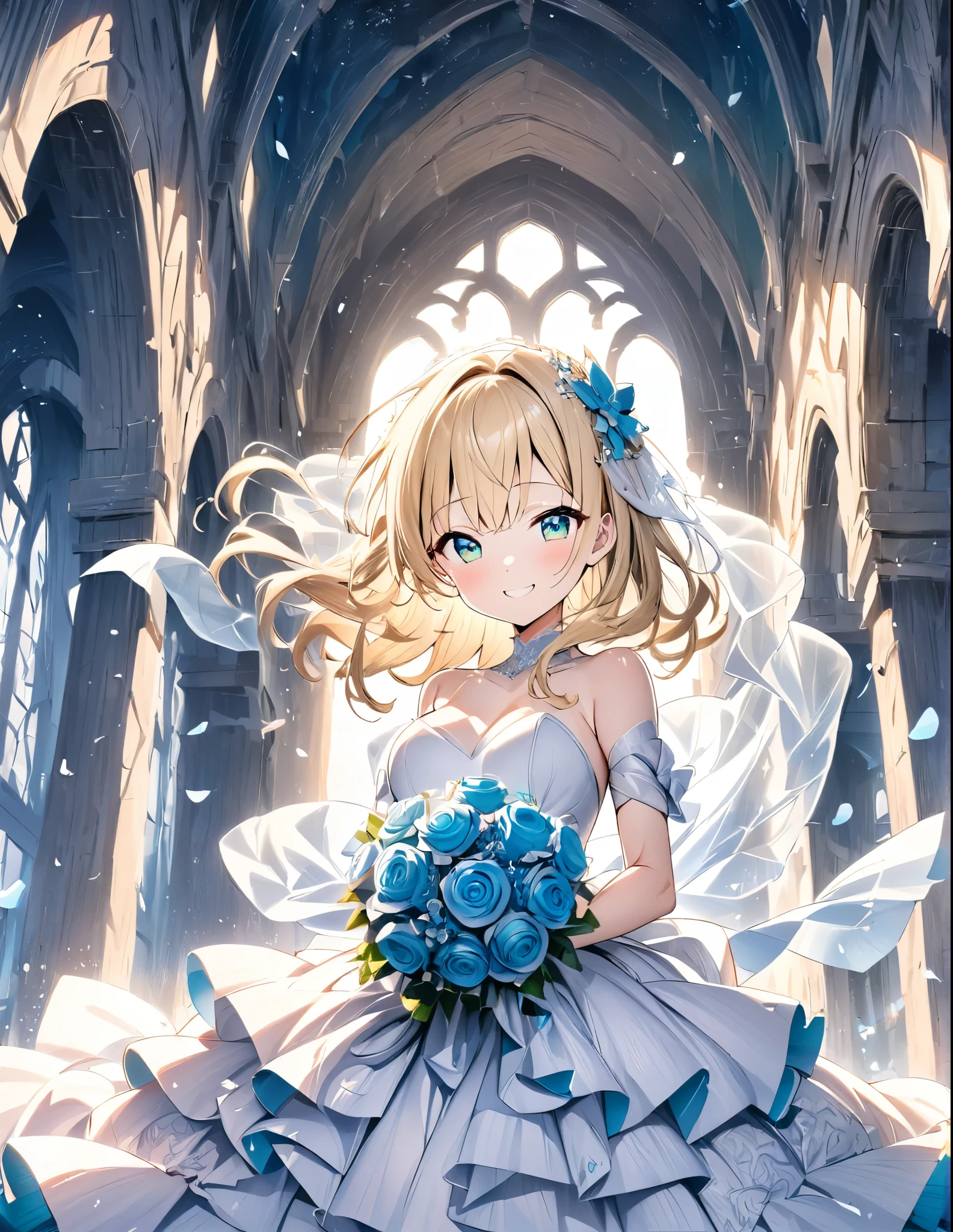 ((style:Colored pencil,pale colour))、(anime)、(masterpiece:1.2),atmospheric perspective,lens flare、White world。Light color、Wedding dress、Blonde、Emerald Eyes、cute、Backlight、Smile、Under the clear blue sky、Throw the bouquet with all your might、Petals flutter around、Fantastic works、Speed