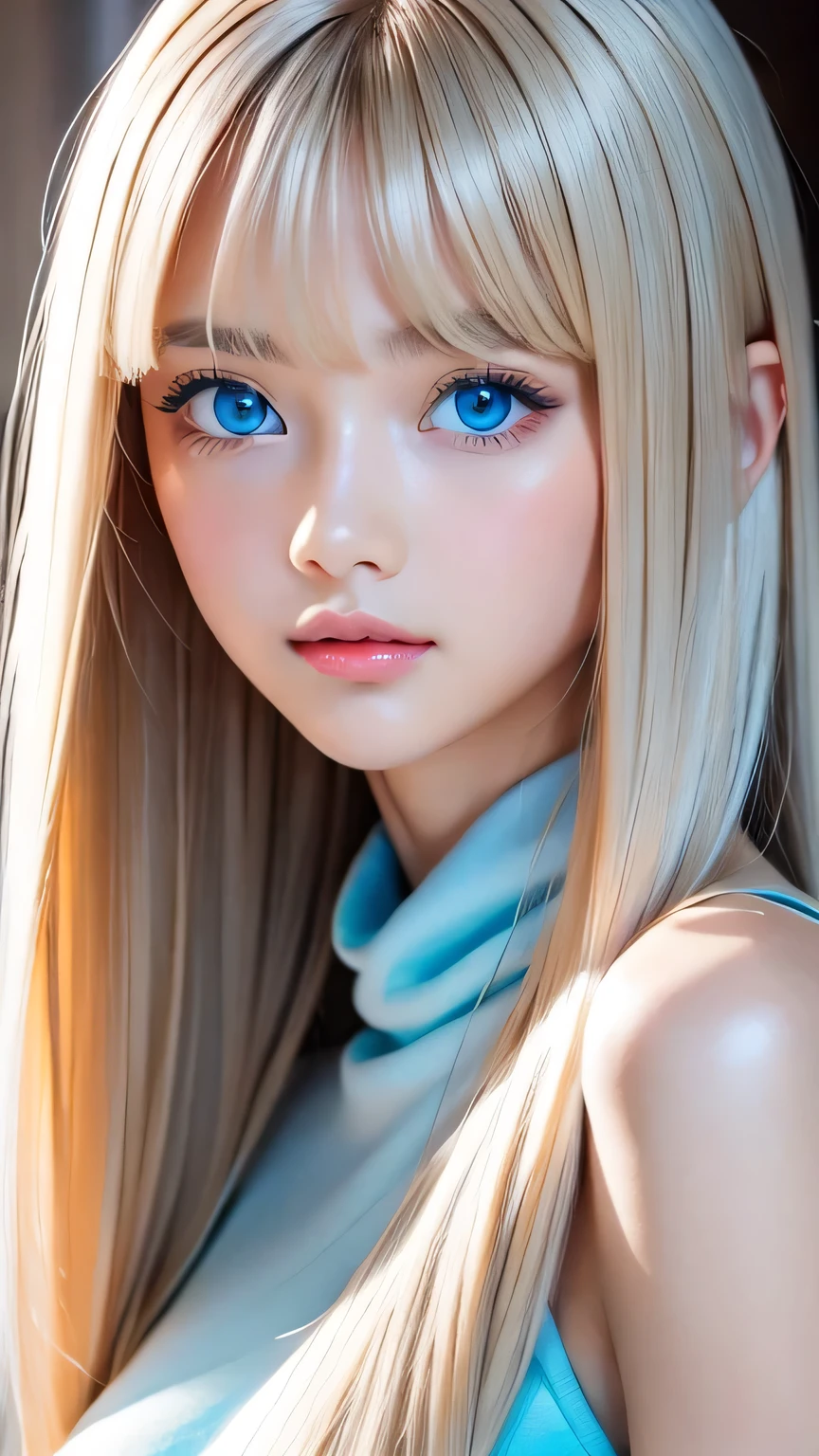 Perfect beautiful face、Beautiful cute girl 20 years old、Sexy and very beautiful cute face、Beautiful cute sexy sky blue eyes、Very super long beautiful shiny silky straight pearl blonde hair、Super long beautiful bangs、White skin、Glossy Skin、Gloss Face、Cheek gloss highlighter、Hair above the eyes、片Hair above the eyes、Hair between the eyes、Bangs on the face