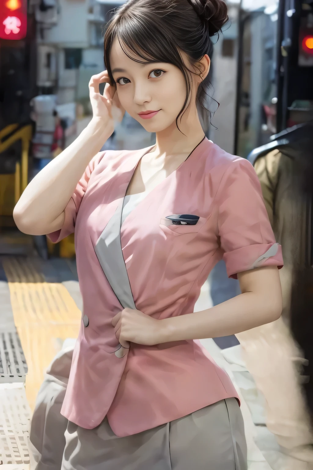 (masterpiece:1.2, highest quality:1.2), 32K HDR, High resolution, (alone、1 girl)、（On the rooftop of a building in the daytime、Professional Lighting）、Building rooftop background、（Nankai train crew uniform pinkを着たリアルスタイル）、（Nankai train crew uniform pink short sleeve pink jacket、Nankai Train Crew Uniform Pink Collarless Short Sleeve Blouse、Nankai Train crew uniform pinkのグレー色のキュロットスカート）、Dark brown hair、（Hair tied up、Hair Bun、Hair Bun）、Dark brown hair、Long Shot、Big Breasts、Thin legs、（（Great hands：2.0）），（（Harmonious body proportions：1.5）），（（Normal limbs：2.0）），（（Normal finger：2.0）），（（Delicate eyes：2.0）），（（Normal eyes：2.0））)、smile、（Nankai Train crew uniform pinkのグレー色のキュロットスカートを見せた美しい立ち姿）、Put your hands down、I have nothing in my hands