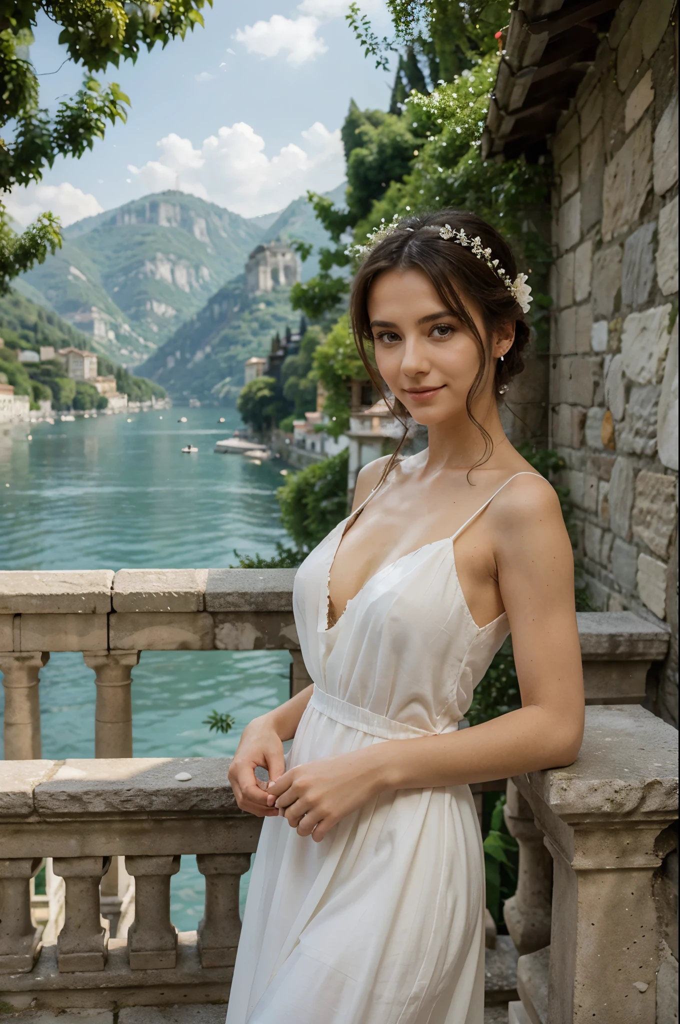 A stunning 31-year-old woman wearing a sleek silver nightgown and alluring lingerie poses seductively sitting on the shores of Lake Lugano, surrounded by flowers, mimicking a pose similar to singer Megan Fox.