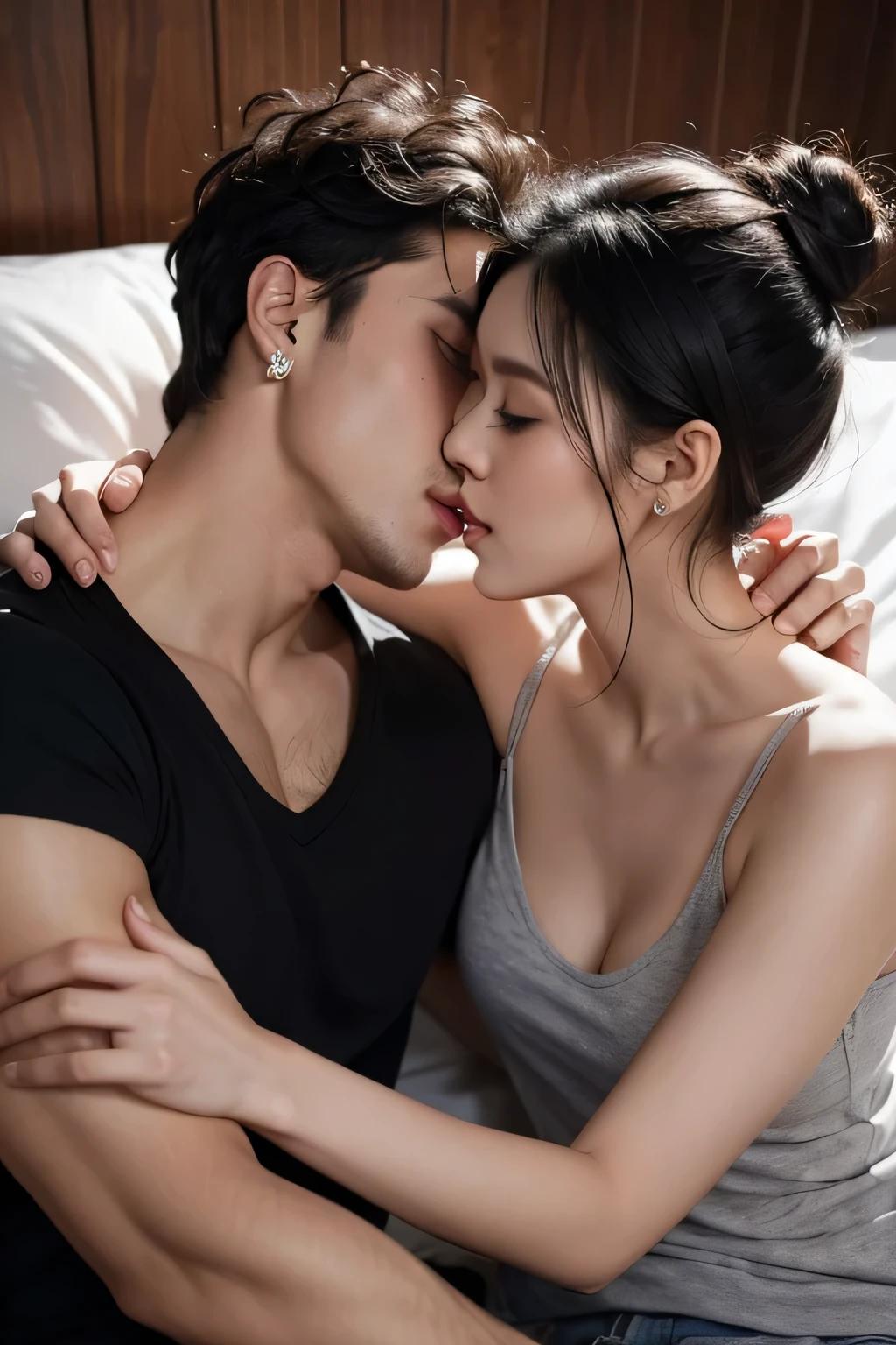 Amazing portrait of a sexy woman with her messy bun hair tied in a black hairband wearing alluring earrings and black v-neck t-shirt kissing and making out passionately with a shirtless boy on the bed in an intimate setting