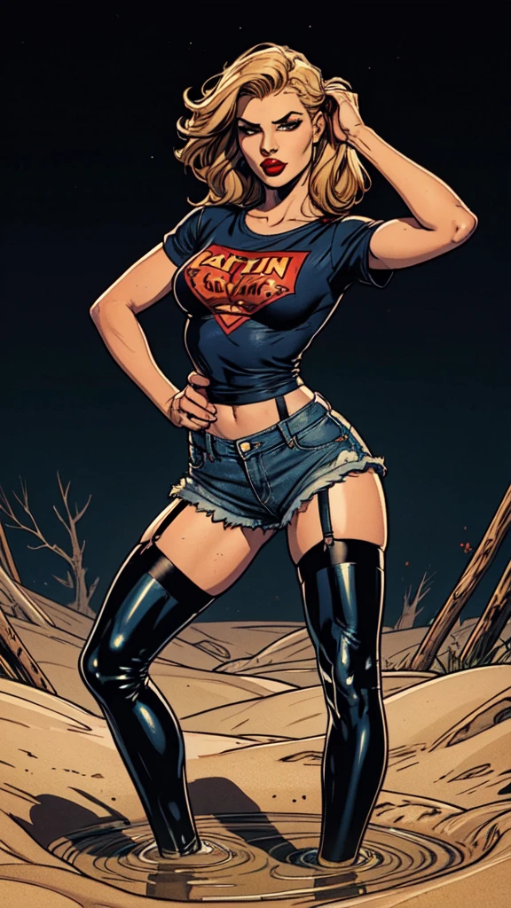 masterpiece, sensation:1.2, attention-grabbing:1.2, void bright background, horny, sexual pleasure, feminine facial features, t-shirt, latex stockings with garters:1.2, denim shorts, horny posing, sinking, void quicksand, red lips