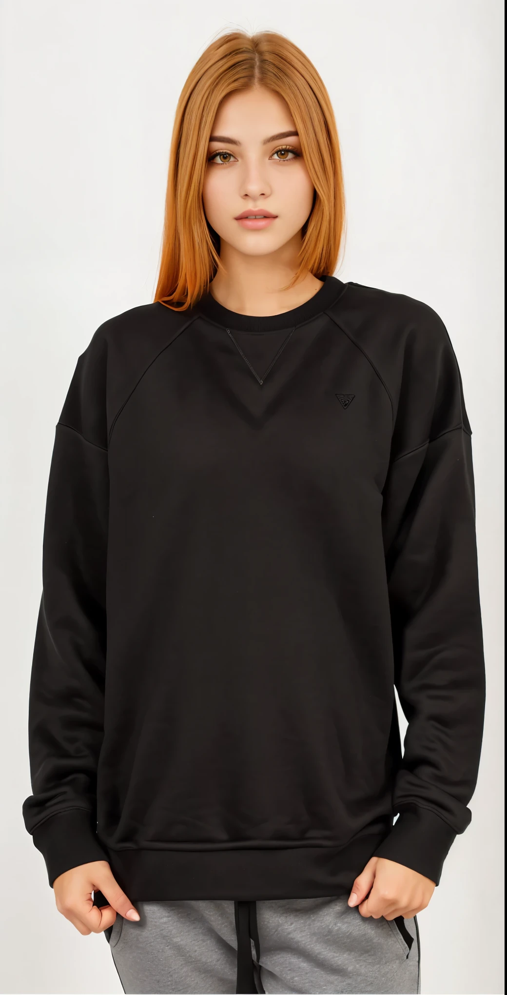 a woman with orange hair wearing a preto sweatshirt and grey pants, preto sweater, wearing a preto sweater, Manga compridas, wearing a dark sweater, preto clothing, Manga comprida, casual preto clothing, vestindo moletom, main colour - preto, preto oversized clothes, preto shirt, centre image, preto wool sweater, mulher de meados dos 20 anos, Retrato frontal, Roupa casual, preto