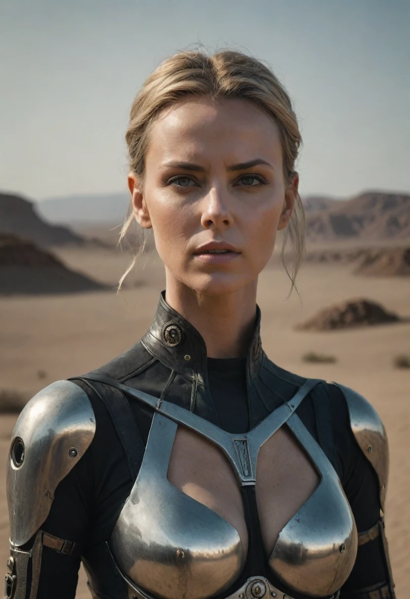 stunning charlize theron, blackened forehead and eyelids, robotic-steampunk three-clawed hand, standing in the middle of a desert, photorealistic, 8k, best quality, masterpiece, highly detailed, intricate, dramatic lighting, cinematic, moody atmosphere, dramatic pose, hyper realistic, volumetric lighting, photographic, beautiful skin, flawless, realistic textures, sharp focus, ultra-detailed