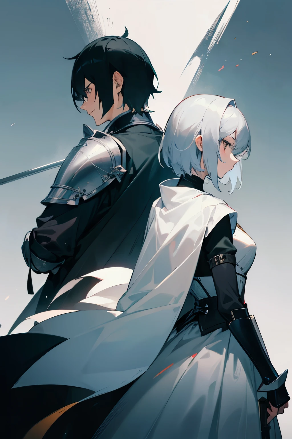 Knight Swordsman, male and female, white and black, back to back, wearing knight armor.