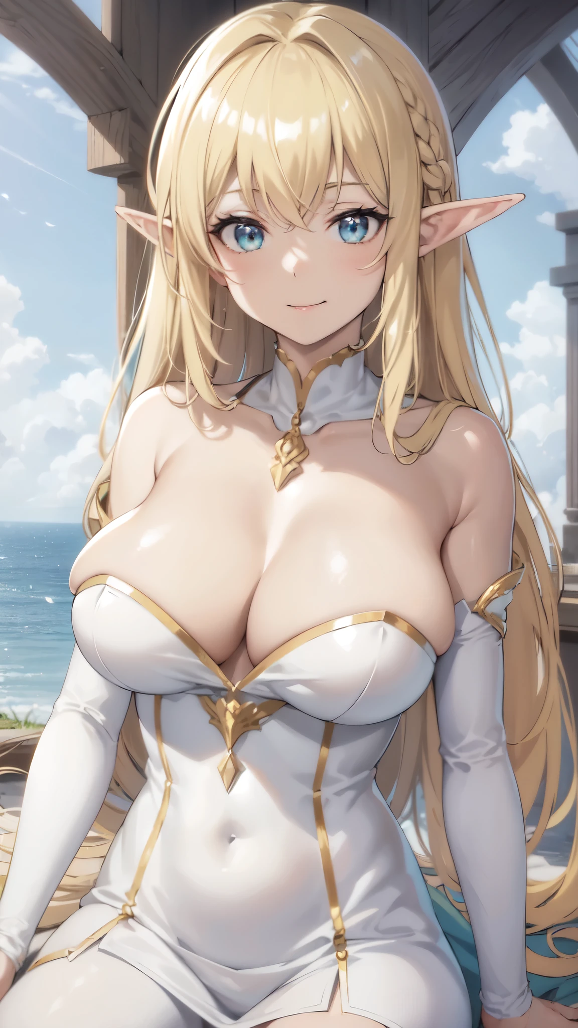 (Upper Body:1.3),medium shot,anime,masterpiece,gravure, 8k,Realistic, Beautiful woman,Elegant mature elven woman, Elf Ears,blue eyes, gravureポーズ,(Aesthetic Anime Eyes:1.3),(large breasts),Blonde Hair,(White Dress), (White bodysuit), smile,Beautiful breasts,8K resolution, High quality CG, Beautiful CG, Soft Light,looking at viewer,(24-years-old),witch,