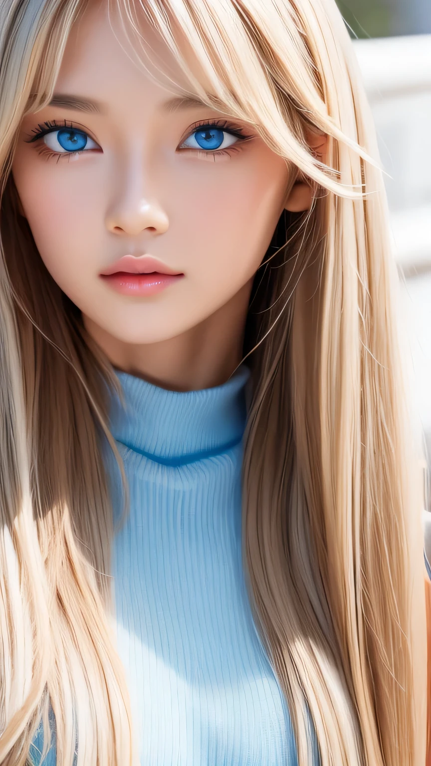 Perfect beautiful face、Beautiful cute girl 20 years old、Sexy and very beautiful cute face、Beautiful cute sexy sky blue eyes、Very super long beautiful shiny silky straight pearl blonde hair、Super long beautiful bangs、White skin、Glossy Skin、Gloss Face、Cheek gloss highlighter、Hair above the eyes、片Hair above the eyes、Hair between the eyes、Bangs on the face
