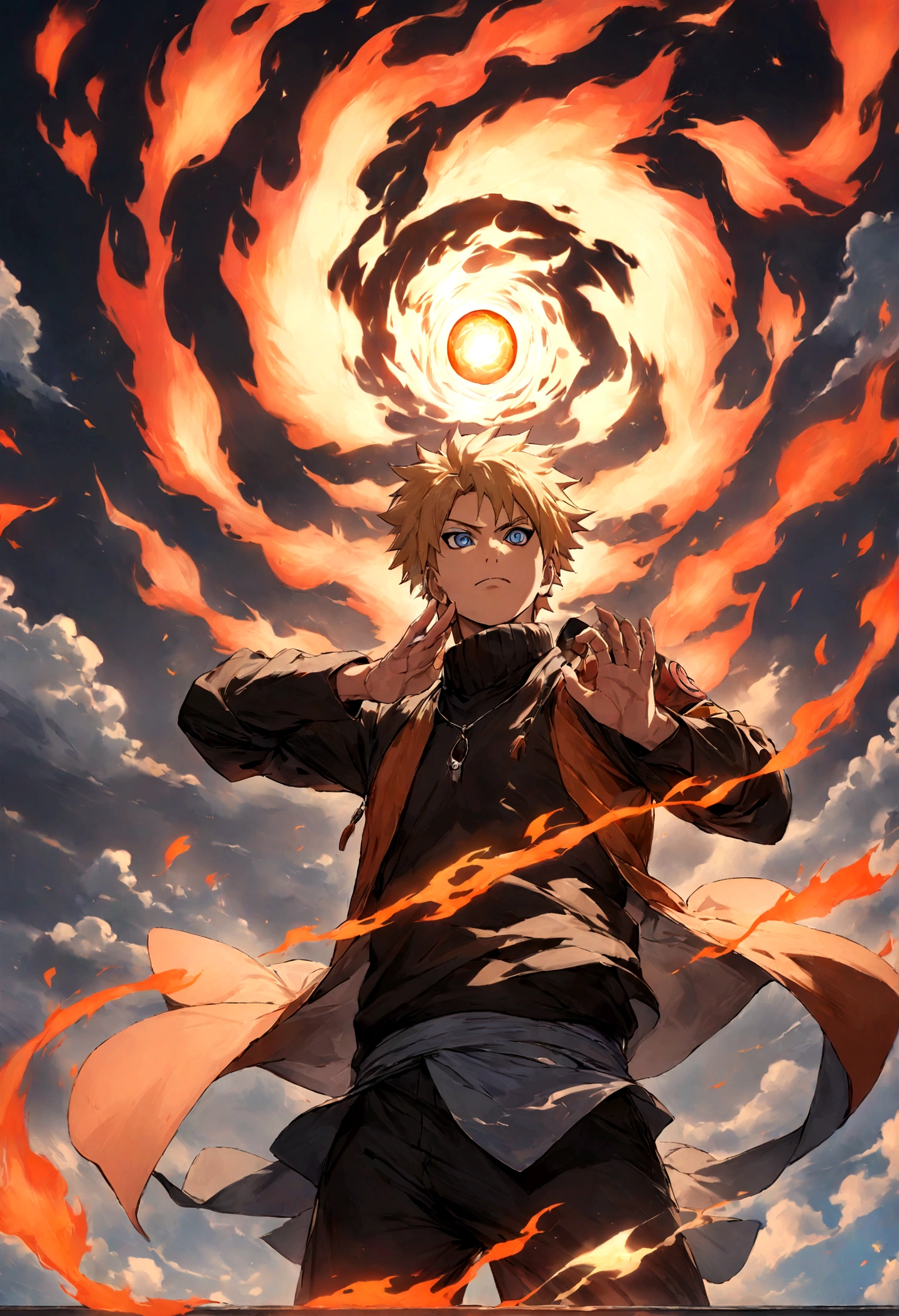 1 boy, Men&#39;s Center, naruto uzumaki,naruto, masterpiece, highest quality, so beautiful,、cool、、strongest、Fire Aura、Ninja、Flame Nine Tails、Red light、Rasengan