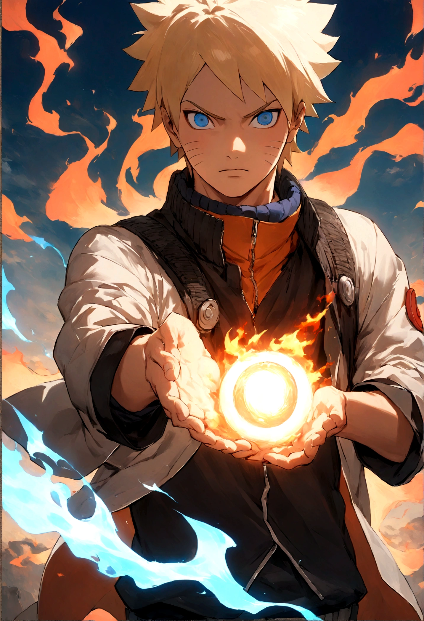 1 boy, Men&#39;s Center, naruto uzumaki,naruto, masterpiece, highest quality, so beautiful,、cool、、strongest、Fire Aura、Ninja、Flame Nine Tails、Red light、Rasengan