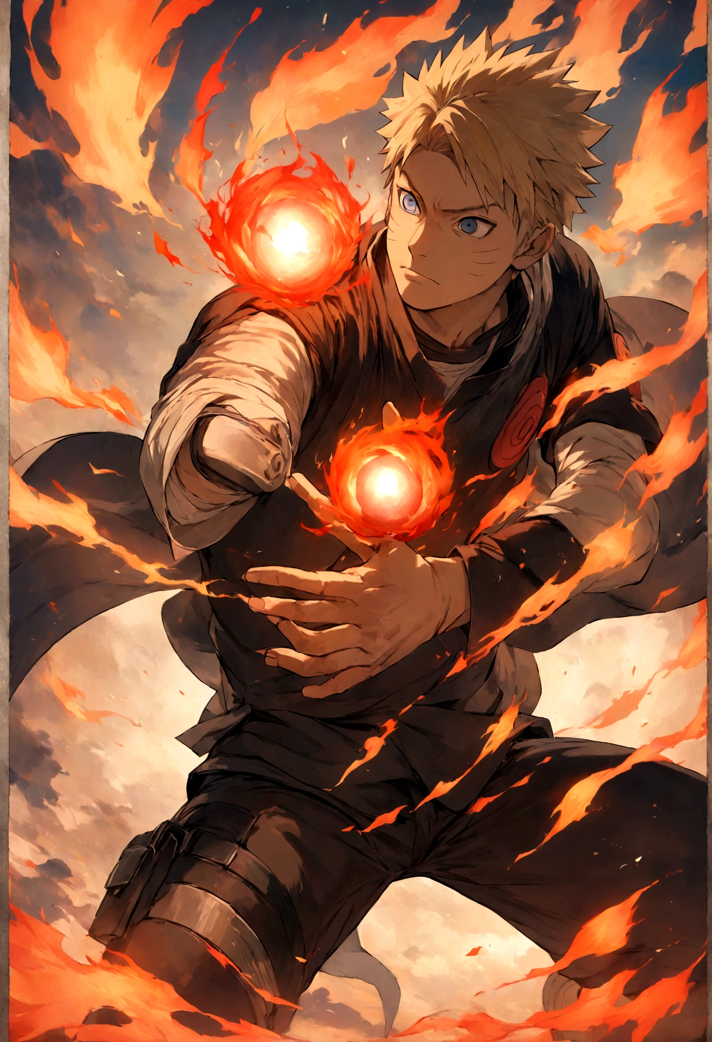 1 boy, Men's Center, naruto uzumaki,naruto, masterpiece, highest quality, so beautiful,、cool、、strongest、Fire Aura、Ninja、Flame Nine Tails、Red light、Rasengan