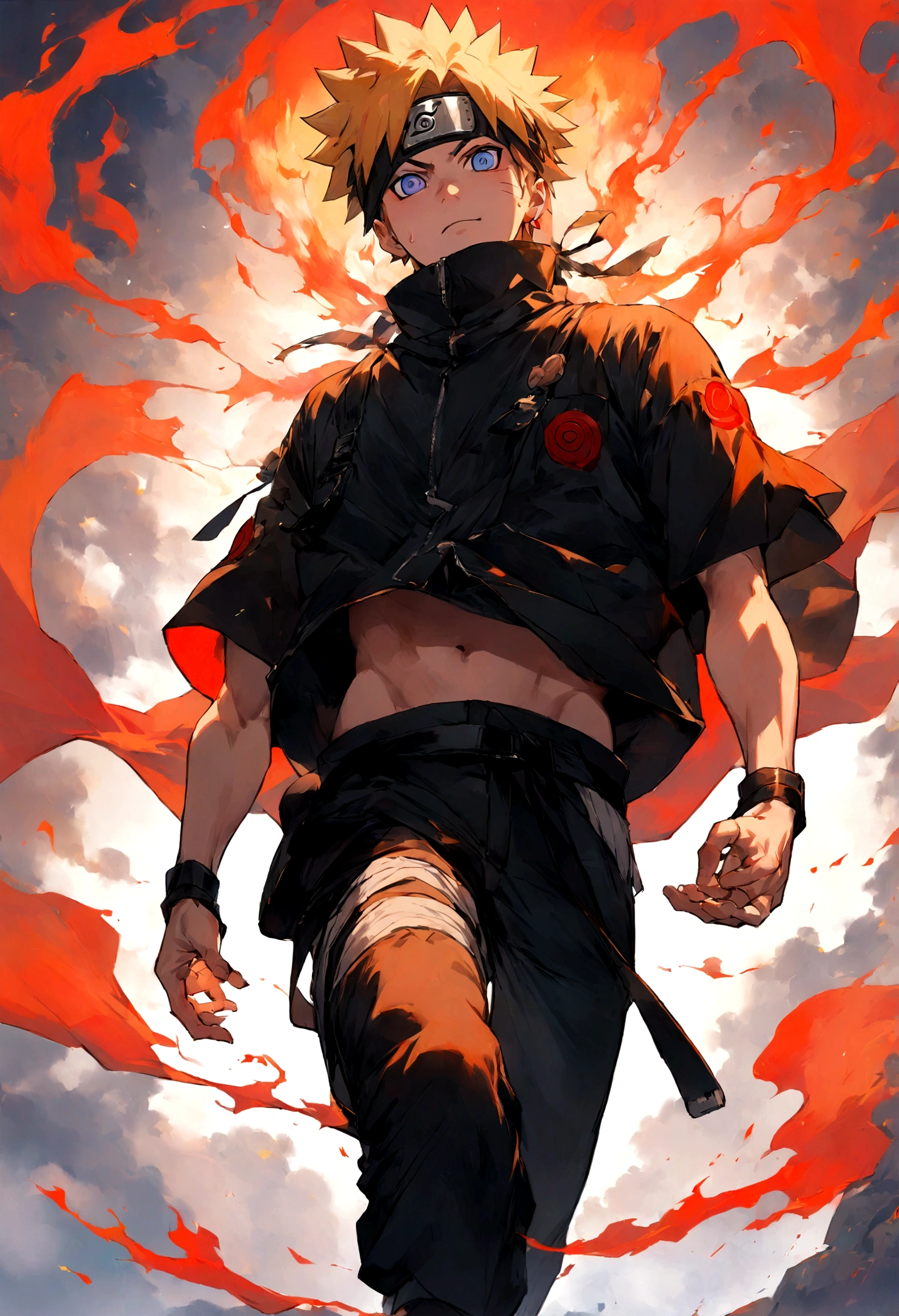 1 boy, Men&#39;s Center, naruto uzumaki,naruto, masterpiece, highest quality, so beautiful,、cool、、strongest、Fire Aura、Ninja、、Red light、