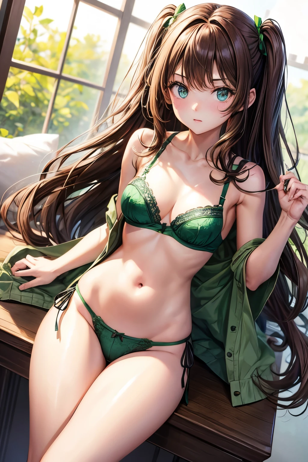 Long brown hair, green eyes, Micromastia, girl, three-point bra, panties