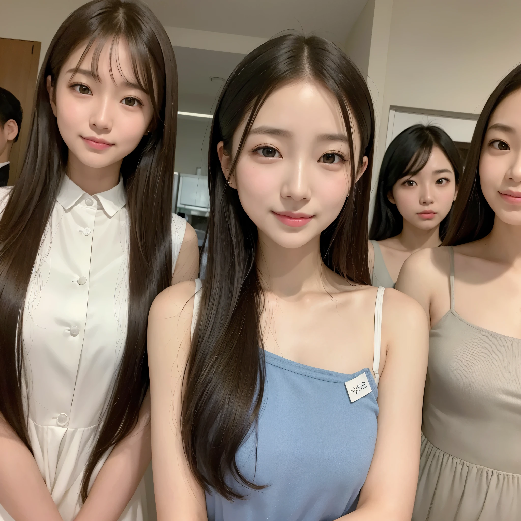 (highest quality, Very detailed, Golden Ratio:1.2), Stage lighting:0.7, を着た12歳の韓国人Three Womenの写真,Women Lesbians, Perfect Face, (Very detailedな肌), Random color hair, Cover your mouth with your hand、smile, Skin Texture, White skin, Shiny skin, (slim, expensive:1.2), [:(Keep your face in sharp focus, Perfect Eyes:1.2):0.2], Realistic, Film Grain, Random Pause、Three Women、Looking up from below、looking at the camera、smile、top women、looks happy、smile、I&#39;m smile with the corners of my mouth raised