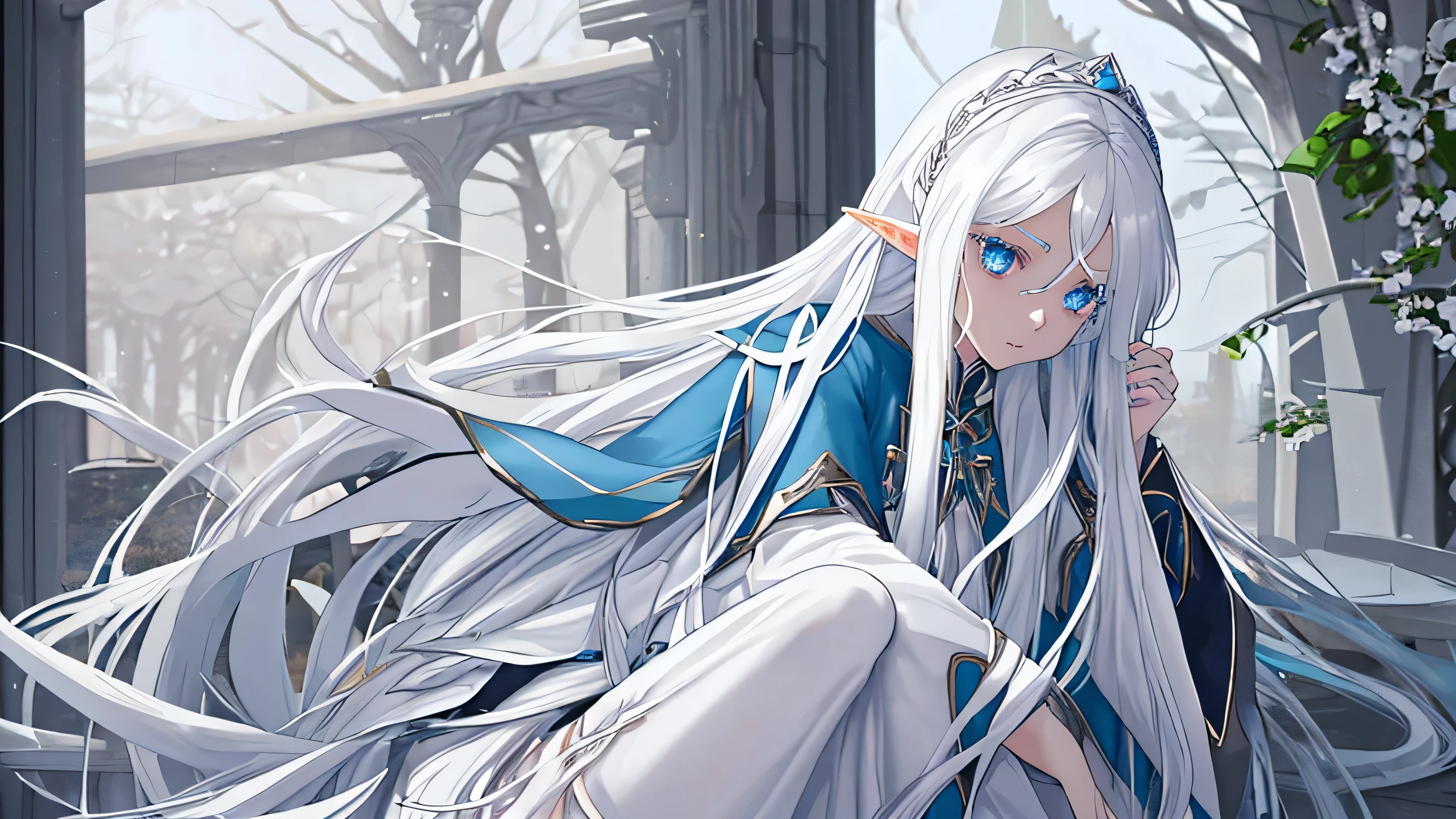 Long white hair, elf ears and blue eyes, adult girl, white gold clothes