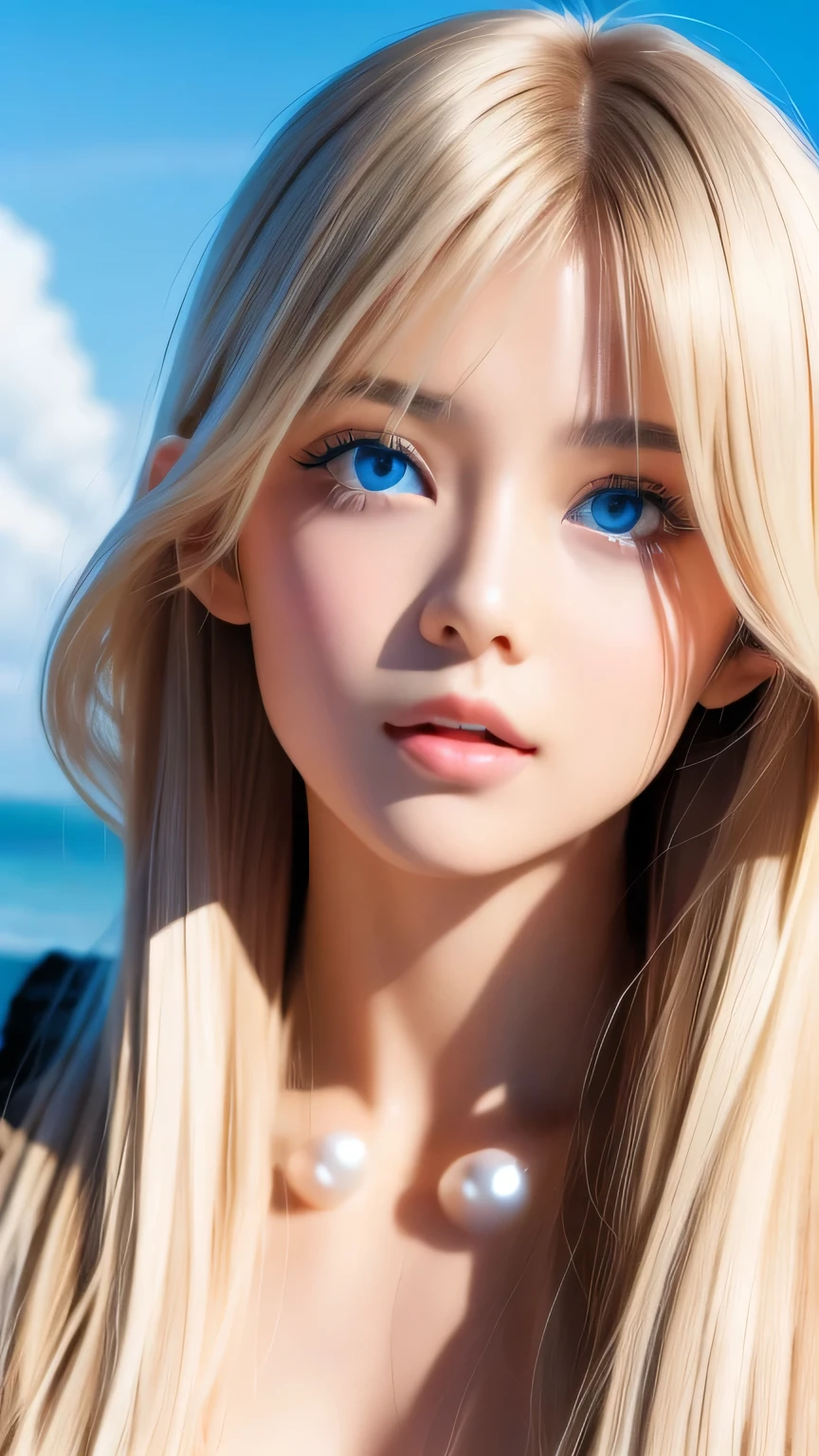 Perfect beautiful face、Beautiful cute girl 20 years old、Sexy and very beautiful cute face、Beautiful cute sexy sky blue eyes、Very super long beautiful shiny silky straight pearl blonde hair、Super long beautiful bangs、White skin、Glossy Skin、Gloss Face、Cheek gloss highlighter、Hair above the eyes、片Hair above the eyes、Hair between the eyes、Bangs on the face