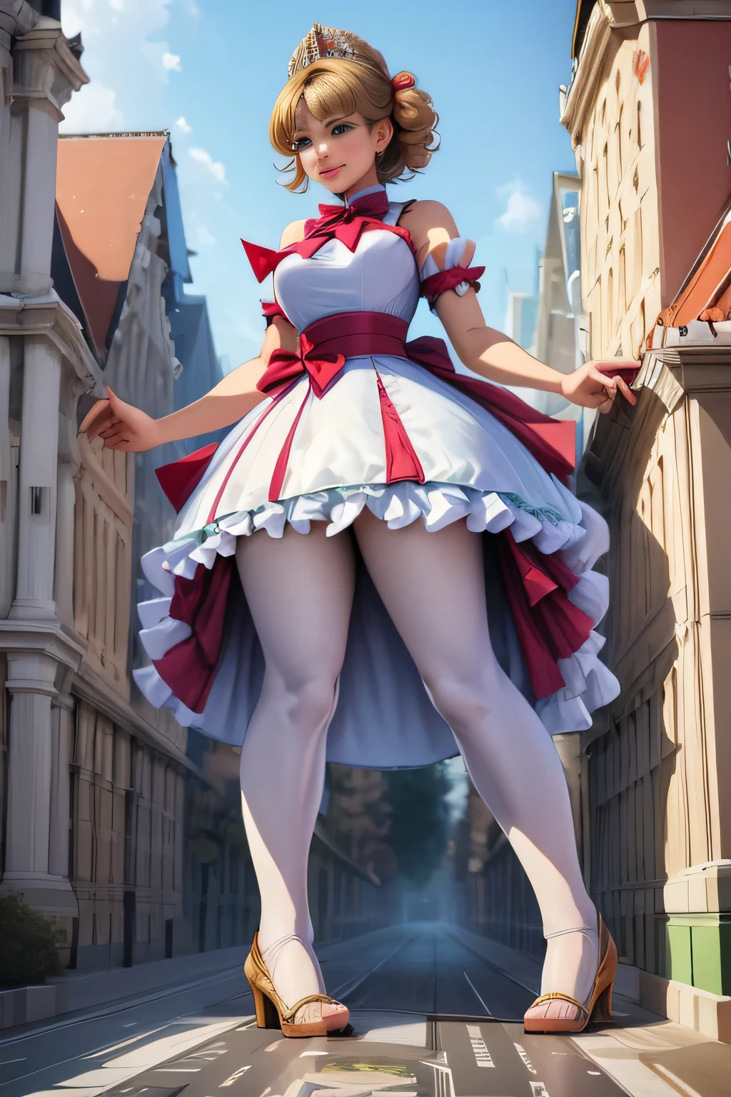 giantess art, highly detailed giantess shots, giantess, Two legs, Five fingers, short hair, super giant princess, A beautiful girl who is bigger than any skyscraper, Wearing rimless glasses, smile, Big Breasts, White gorgeous dress, White Pantyhose, white pantyhose, White stiletto sandals, toes visible through pantyhose, Destroying cities, A very small big city, Miniature metropolis, Full body description, GTS, giga giantess, stomping city, crash city, tiny city, micro city, pantyhose feet, High resolution, highest quality, masterpiece, princess dress,