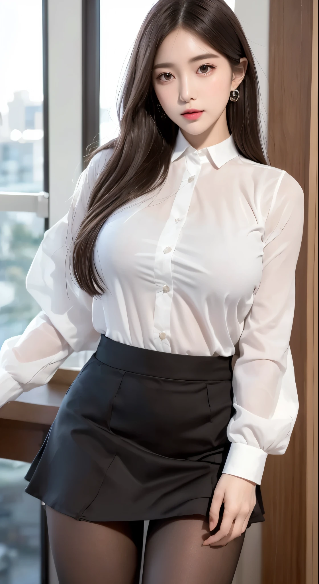 ((Best quality, 8k, Masterpiece :1.3)), Whole body, Sharp focus :1.2, A pretty woman with perfect figure :1.4, Slender abs :1.2, ((Dark brown hair, Big breasts :1.2)), (Night city view, Modern balcony :1.1), Highly detailed face and skin texture, Detailed eyes, Double eyelid, Small Bust, ((detailed white Tight shirt)), exposed cleavage, ((detailed mini short skirt)), ((detailed Black Pantyhose)), (No Panties), Interior Scene, ver light hair , super fine hand, fine finger ging, ((detailed pantyhose)), opened shirt show , naked, ((naked)), detailed , , punk girl, transparent, smiling , Long legs, detailed legs, fine legs, fair white skin、shiny white skin、bright silver long hair、light white long hair、、Beautiful eyes with random colors、Very thin lipeautiful eyes finely detailed、elongated eyes、pale pink blush、long eyelash、Beautiful double eyelids、eyeshadows、neckless、耳Nipple Ring、Beautiful eyes with random colors、very thin lips, finely detail、elongated eyes、pale pink blush、long eyeslashes、Smilling, Beautiful double eyelid、Lighting that emphasizes beautiful skin、Lustrous skin 2, ((Layered long hair)) , (detailed breasts ), Highly detailed face and skin texture, Detailed eyes, Double eyelid,