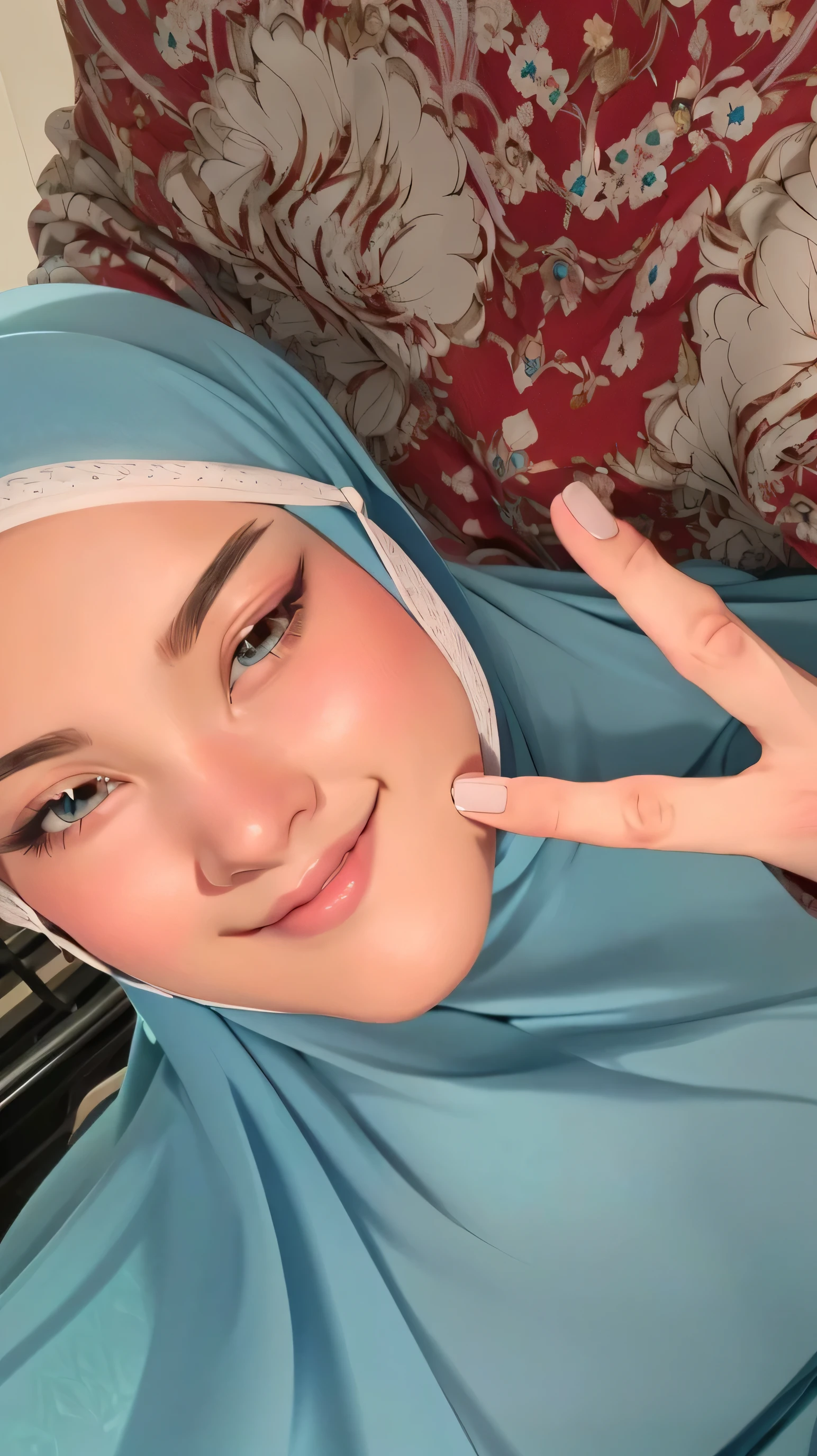 Beauty girl character anime, beauty girl anime hijab, his eyes twinkled slightly, woman in a blue an white hijab making a peace sign, perfect hand, profile picture anime 1024px, profile anime picture, friedly smile, profile anime image, profile pic, hijab, very very low quality picture, faridah malik, face picture, ruan cute vtuber, anime girl 20 years old, clear cute face, without makeup, anime beauty girl 20 years old woman