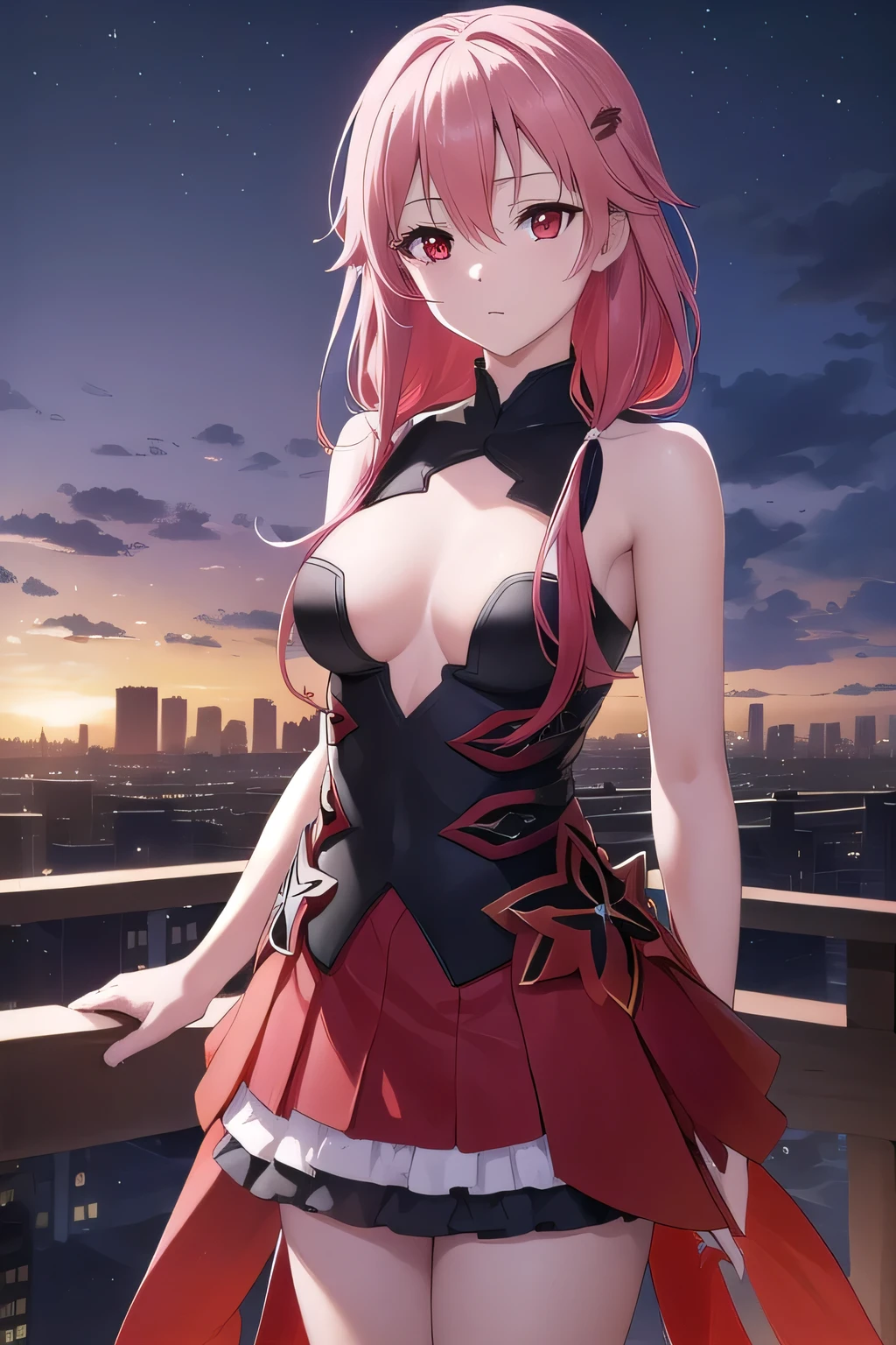 Inori Yuriha, Yu Ye Qi, Hair accessories, Hairpin, long hair, Pink Hair, (Red Eyes:1.5), Double tail,
rest black skirt, skirt, Strapless, Strapless skirt,
rest night, night Sky, Sky, Star \(Sky\), Star \(symbol\), City,
rest looking at viewer, (Cowboy shooting:1.5),
rest (masterpiece:1.2), best quality, high resolution, Unity 8k Wallpaper, (illustration:0.8), (Beautiful and delicate eyes:1.6), Extremely detailed face, Perfect lighting, Extremely detailed CG, (Perfect hands, Perfect anatomical structure),