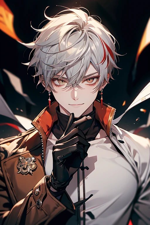 a high resolution), babe, One, I look at the viewer, short hair, amber eyes, shirt, gloves, 1 boy, holding, hair between eyes, JEWELRY, smile, jacket, male focus, Earrings,  gray hair with red streaks, Vision (Genshin&#39;s influence), маска on head, half gloves,  Kazuha, sexy pose, Kazuha&#39;s clothes from the game Genshin impact