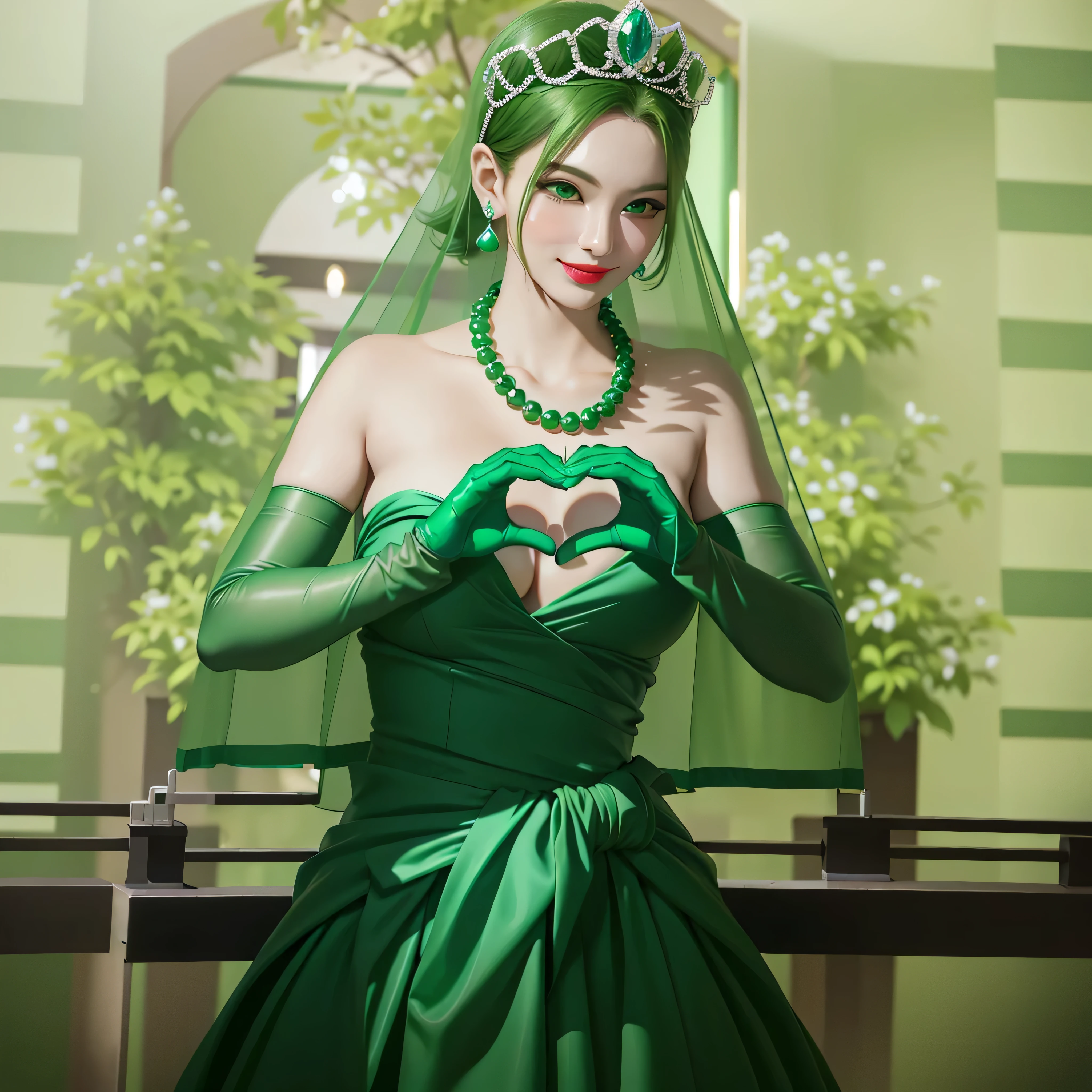 Emerald tiara, Green Pearl Necklace, Boyish very short green hair, Green Lips, Smiling Japanese woman, Very short hair, Busty beautiful lady, Green Eyes, Green satin long gloves, Green Eyes, Emerald Earrings, Green veil, Heart with both hands, Green Hair, Beautiful Japanese Women, Heart shaped hands:1.3, green lip gloss
