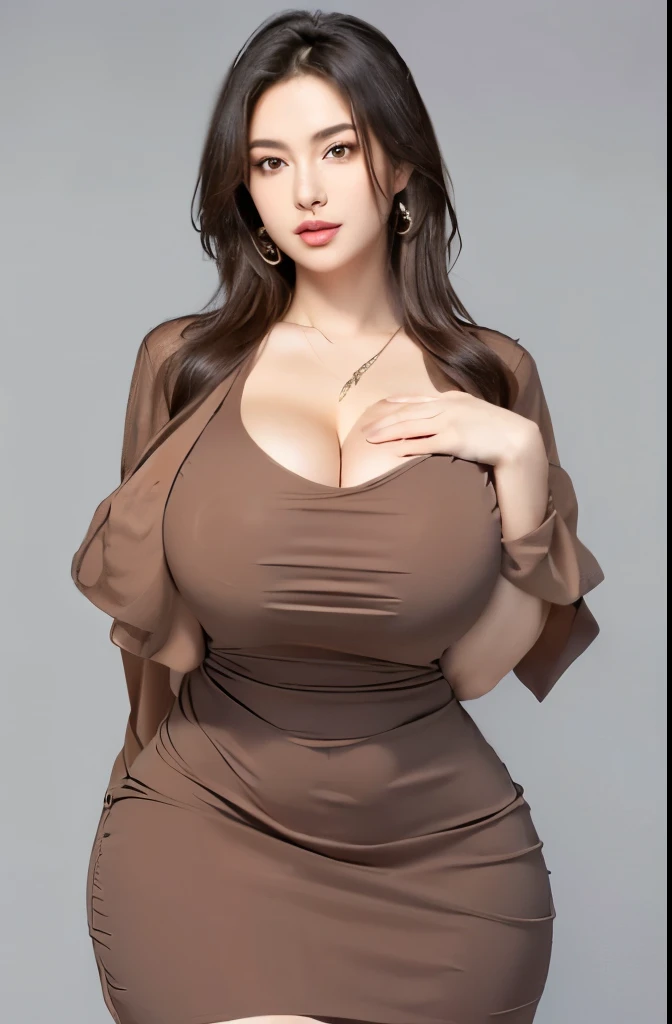 girl with big breast posing for a picture in a brown dress, with a large breasts, oppai, sie boob, big breasts!!, big breasts!, with large breasts, oppai proportions, breasts covered and sfw, sfw huge breasts, big breasts, thicc, nico robin, large breasts, covered sfw huge breasts, revealing clothes, cleavage