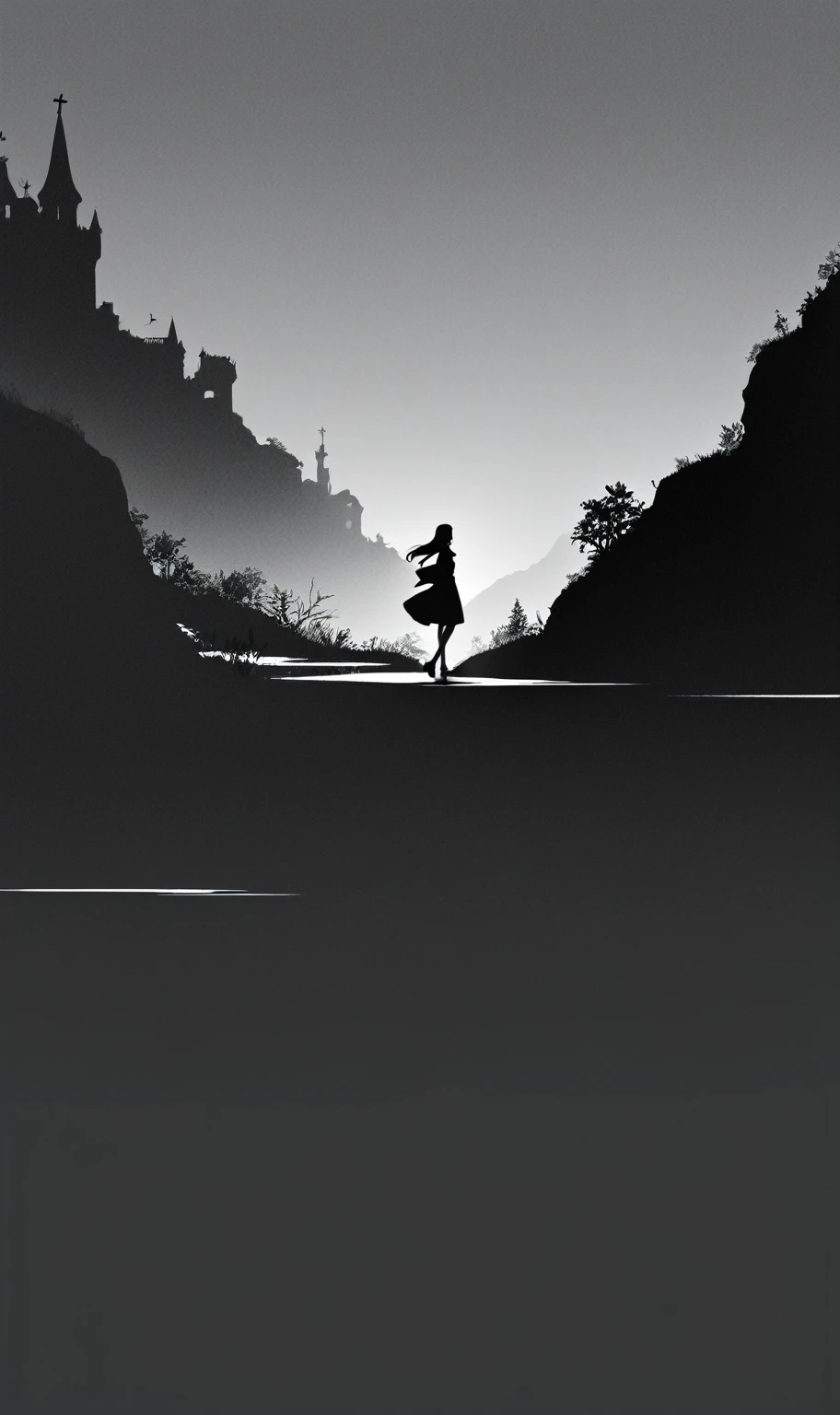 simple promotion branding vectorarz of "into the fairytale ", emotional contemporary silhouette, and strong blurry background, high contrast vivid true colored, moderate isolation, avoids gradients, blurry mosaic, background holy odd landscape,