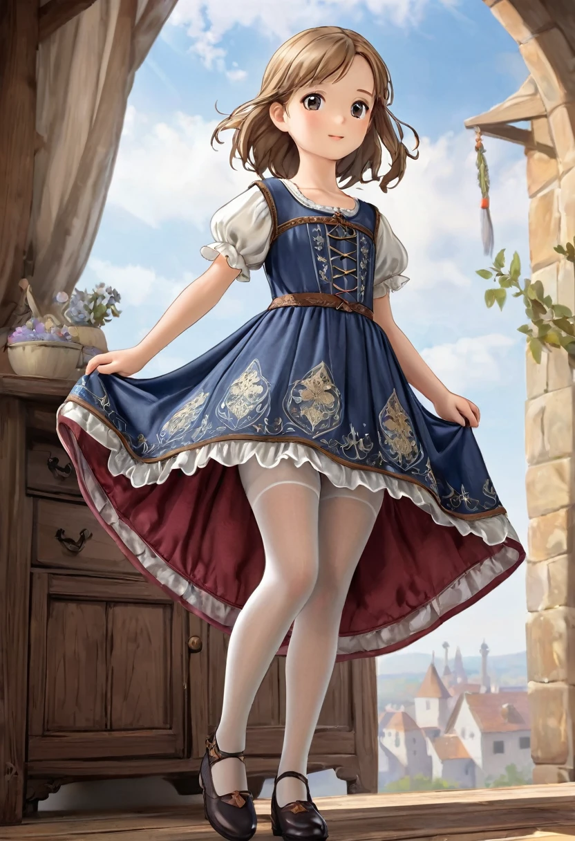 10 year old girl underwear, Realistic panties made of patterned cotton fabric, Medieval one-piece dress with panniers, Fabric Realism, Low Angle, You can see the drawer, Pull up the dress by hand, Strong winds, Translucent slip, Translucent slip, tights, highest quality, Crotch close-up, whole body
