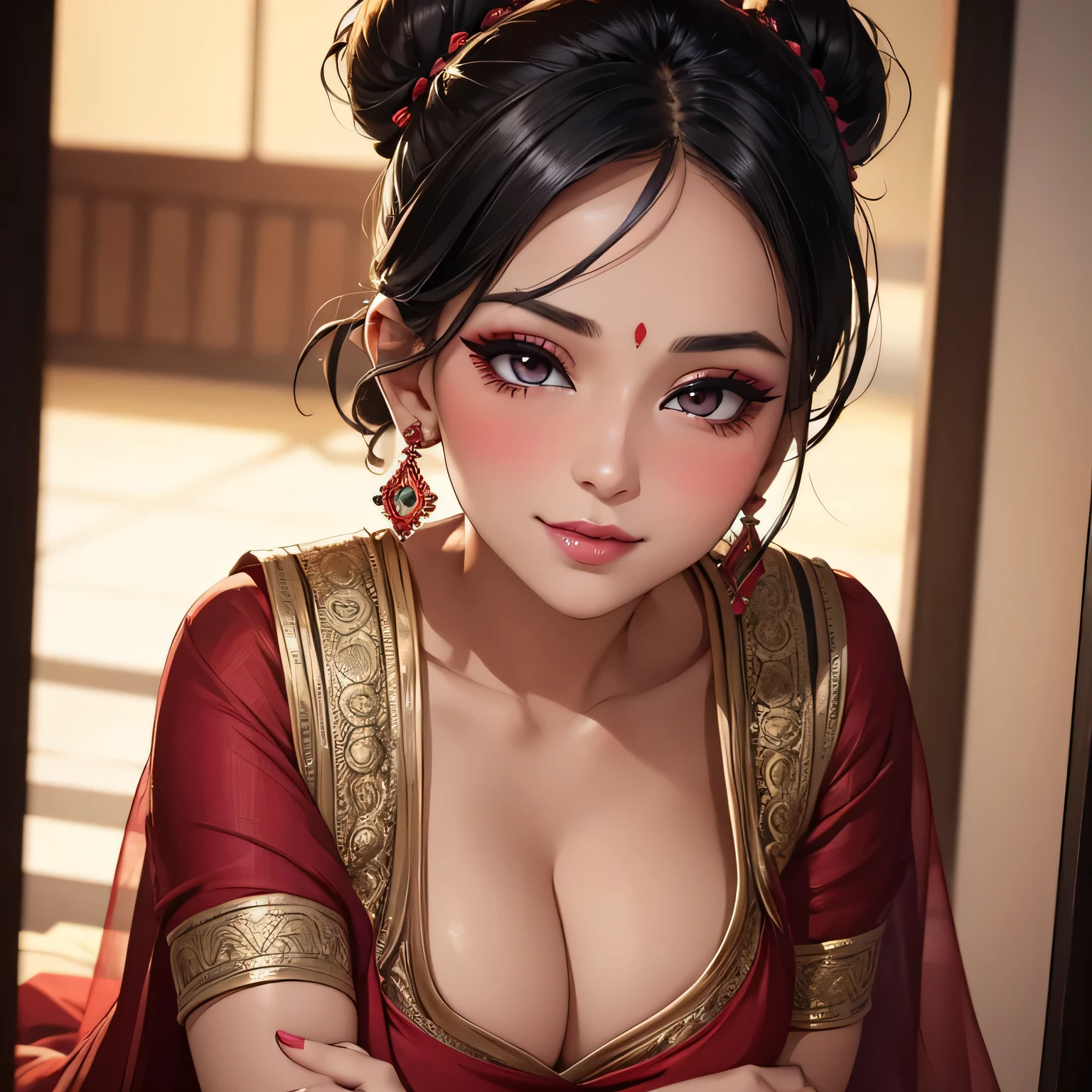 Amazing portrait of a sexy woman who is a MILF and your neighbour with her black hair in a bun with seductive eyes and she's blushing with a seductive smile wearing amazing makeup wearing a saree with a lustful look and a sultry pose