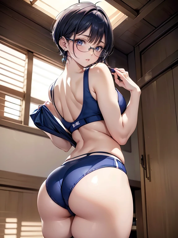 Mature Woman (((alone))) (((Photo from behind)))(((Rear View))) ((Rimless Glasses)) (short hair) (Pixie Cut) moderately fleshy body attractive appearance 前髪のあるshort hair Big eyes Big Breasts (((Perfect-fitting gym wear))) (((Navy Blue Bloomer))) In the gym masterpiece (((Photograph from behind))) (((Place your hands on the vaulting box、Tilt forward))) Portraiture Beautiful feet ((Stand with your feet shoulder-width apart)) Emphasizes the buttocks Stick your butt out towards the viewer ((Accurate depiction of limbs)) ((Accurate Body Composition)) (((Compose your photo so that there is only one person in it)))