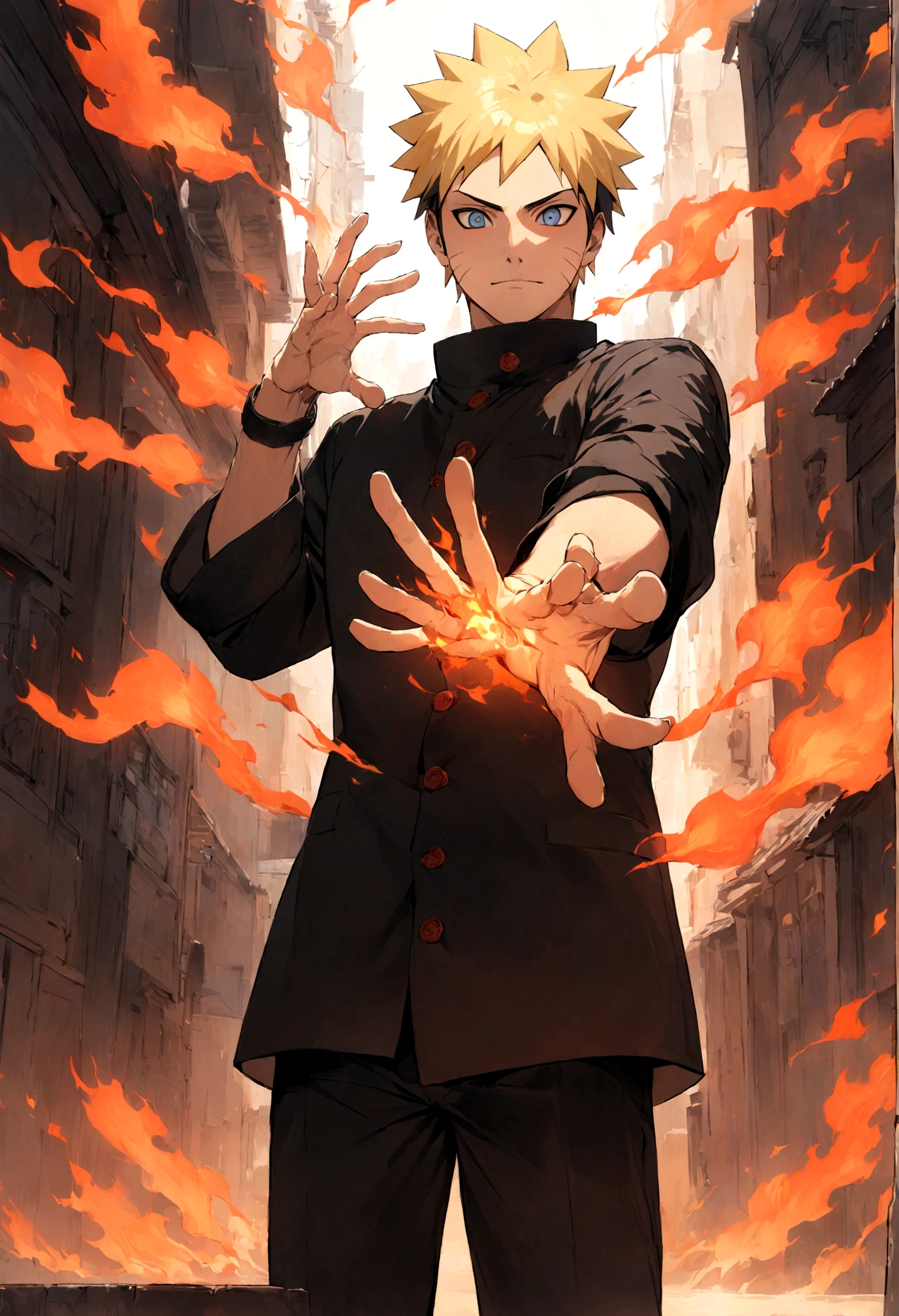1 boy, Men's Center, naruto uzumaki,naruto, masterpiece, highest quality, so beautiful,、cool、、strongest、Fire Aura、Ninja、、Red light、Perfect hands、Five fingers