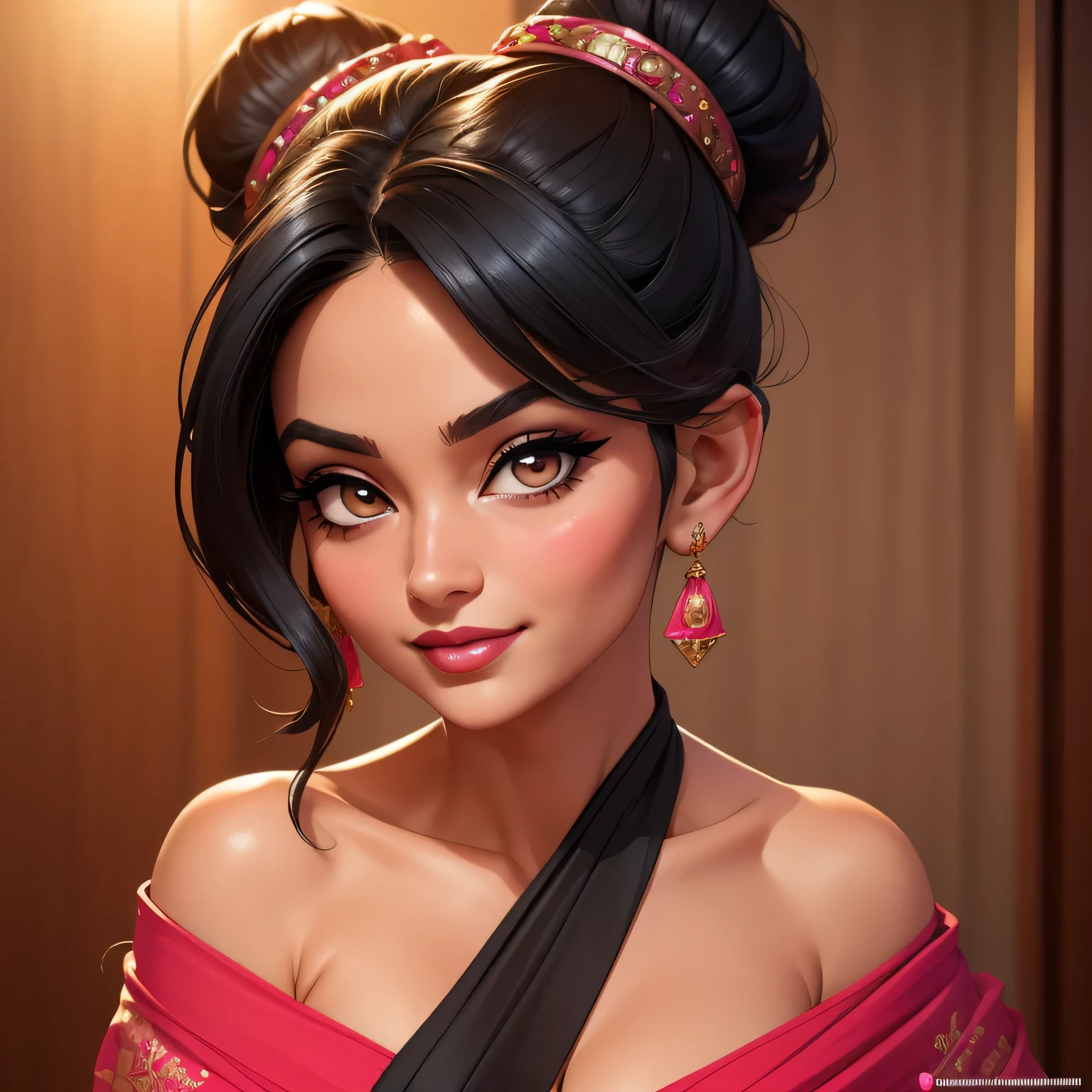Amazing portrait of a sexy woman who is a MILF and your neighbour with her black hair in a bun with seductive eyes and she's blushing with a seductive smile wearing amazing makeup wearing a saree with a lustful look and a sultry pose