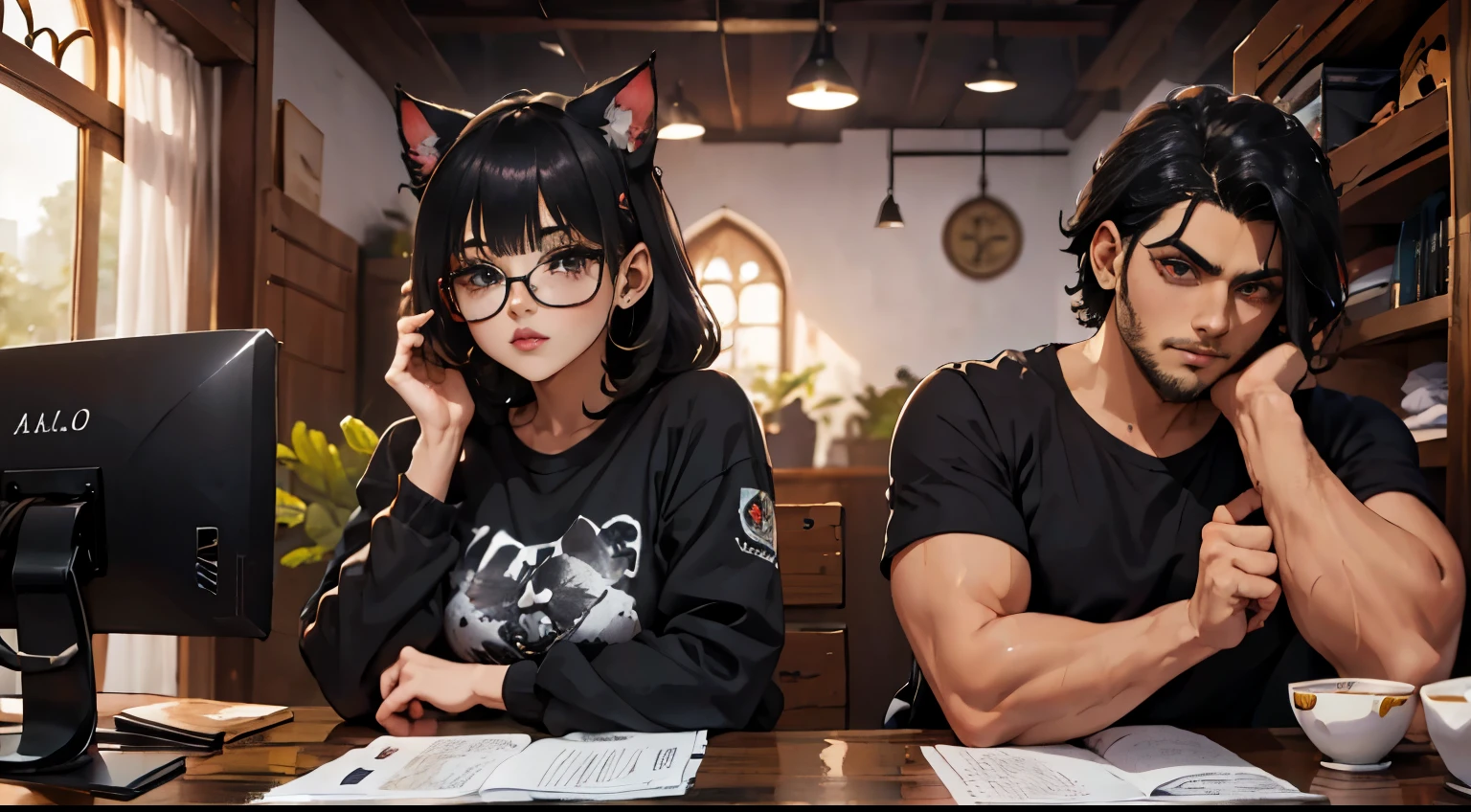 hombre blanco con el cabello rizado color , pelo  mediano y barba negra. // dentro de la oficina // junto a una hermosa mujer junkotvv con gafas, pelo ondulado color  con flequillo, orejas de gato y ojos rojos.