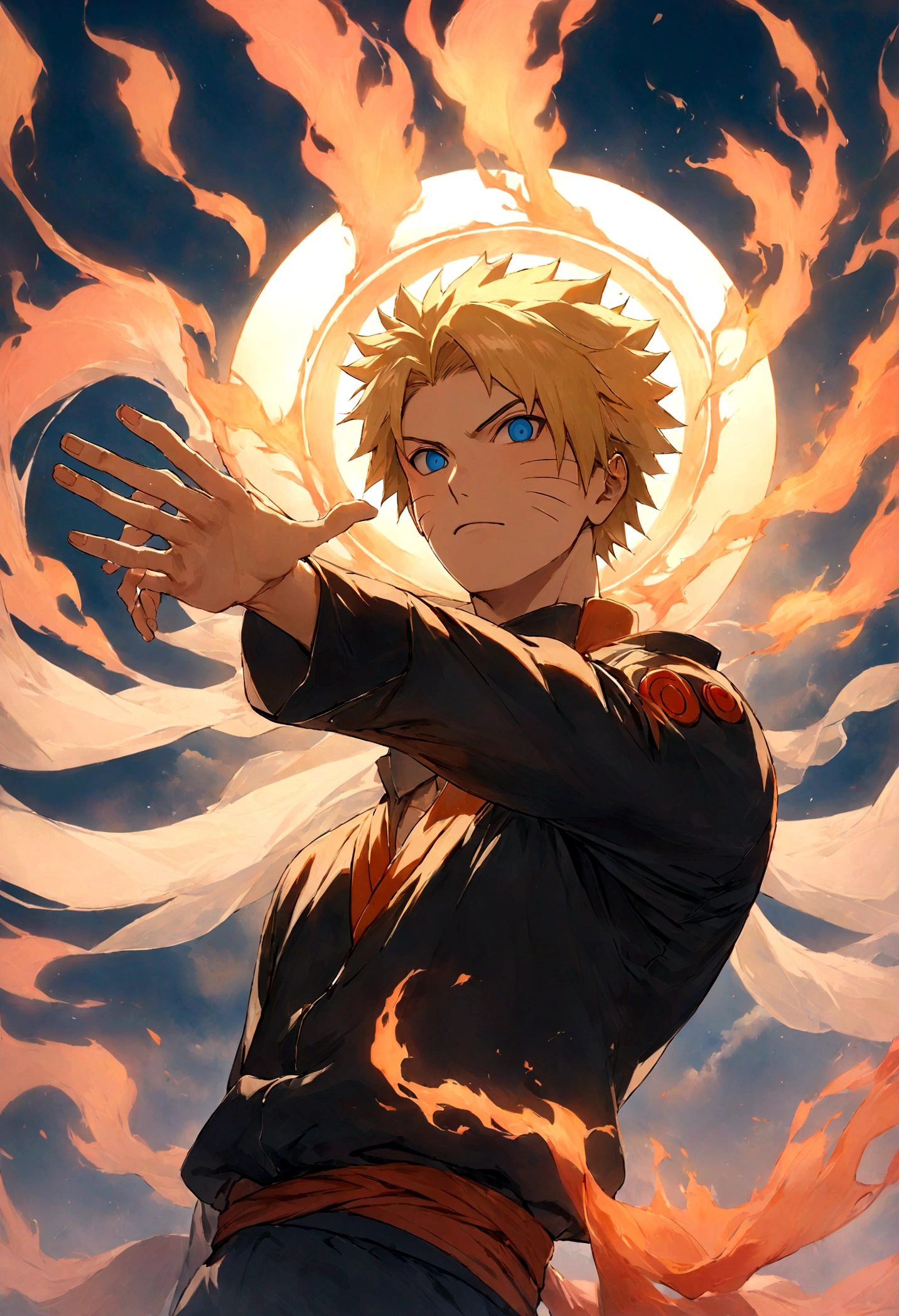 1 boy, Men&#39;s Center, naruto uzumaki,naruto, masterpiece, highest quality, so beautiful,、cool、、strongest、Fire Aura、Ninja、Flame Nine Tails、Red light、Rasengan、Perfect hands、Five fingers