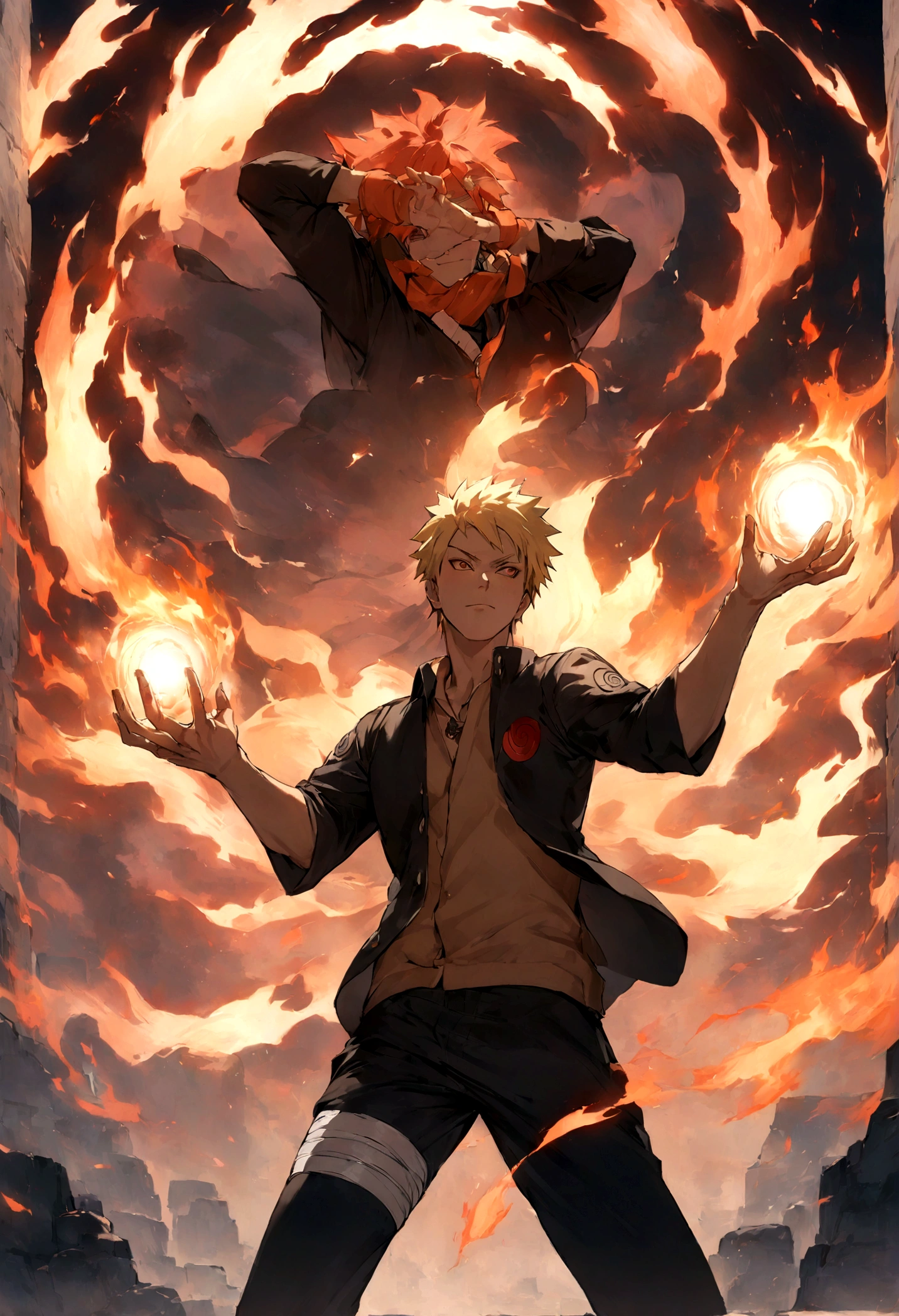 1 boy, Men&#39;s Center, naruto uzumaki,naruto, masterpiece, highest quality, so beautiful,、cool、、strongest、Fire Aura、Ninja、Flame Nine Tails、Red light、Rasengan、Perfect hands、Five fingers
