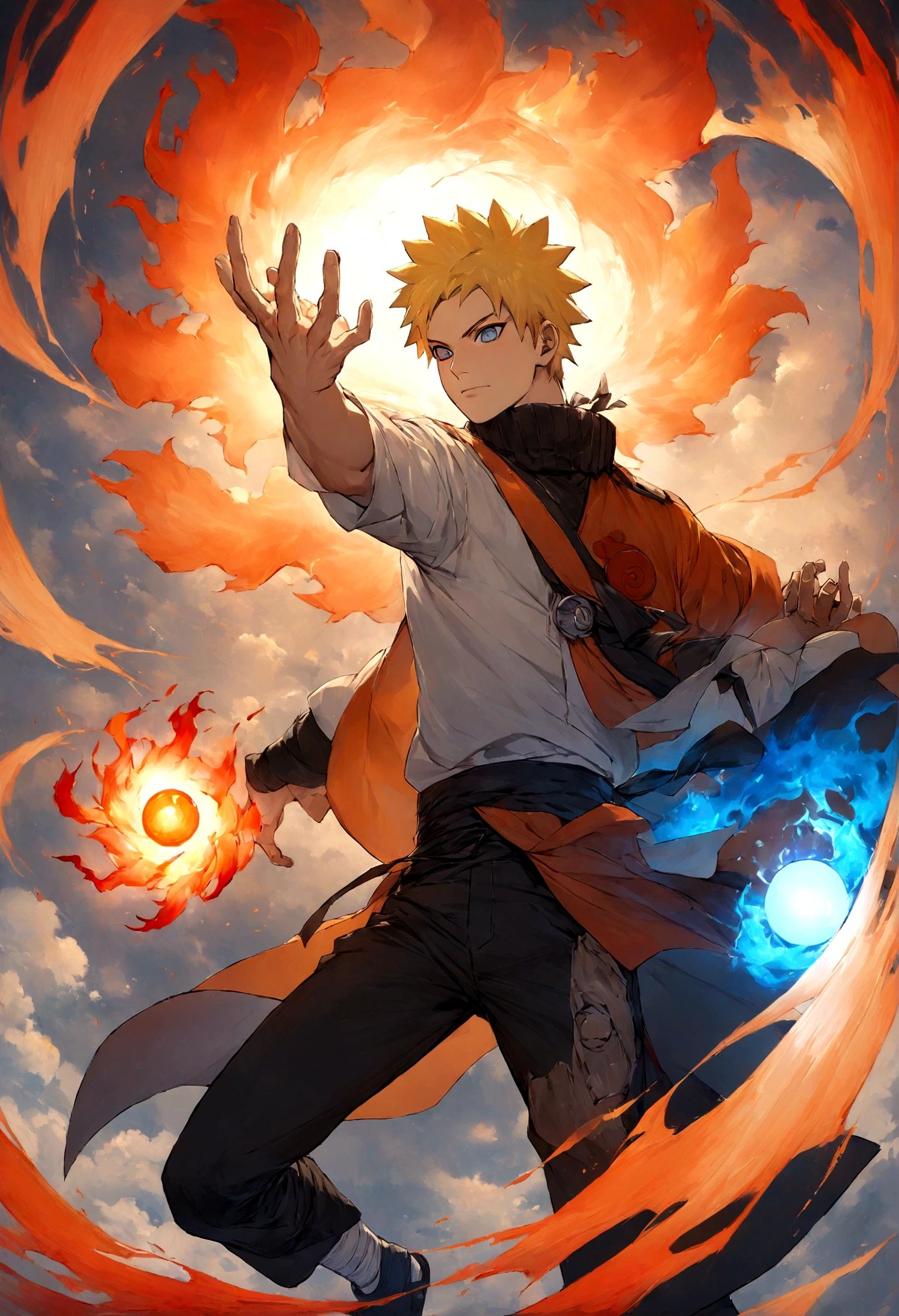 1 boy, Men&#39;s Center, naruto uzumaki,naruto, masterpiece, highest quality, so beautiful,、cool、、strongest、Fire Aura、Ninja、Flame Nine Tails、Red light、Rasengan、Perfect hands、Five fingers