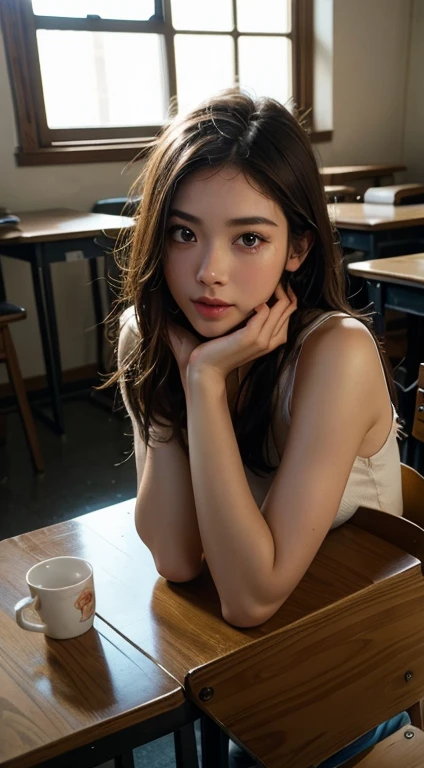 (RAW Photos, highest quality), (Realistic, photo-Realistic:1.3),highest quality,Very detailed,masterpiece,Very detailed,shape,One Girl,full_body,Dynamic Angle,world masterpiece theater,Messy_length_hair,highest quality,Very detailed CG ユニティ 8k 壁紙,ink,wonderful,Cinema Lighting,lens_Flare, Dunhuang_style, In the classroom