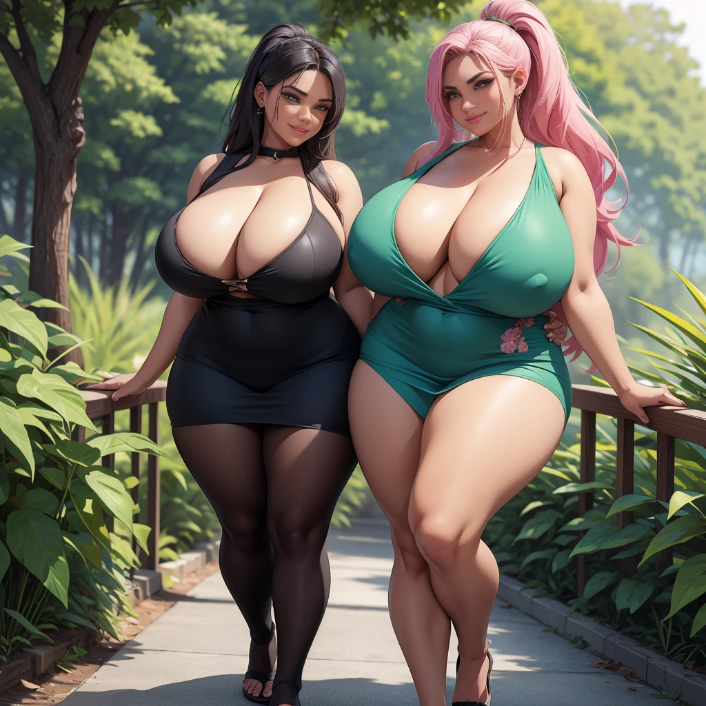 (masterpiece:1.2), (best quality:1.2), ((only one person:1)), {full body image:1},very huge breasts, huge ass, very wide hips, black woman, pink hair, long ponytail hair, Happy smile, realistic and detailed hands, realistic and detailed face, realistic and detailed tooth, realistic and detailed foots, realistic and detailed face, aviator sunglasses, park, walking on the trail, dark green short dress, extremely thicc.