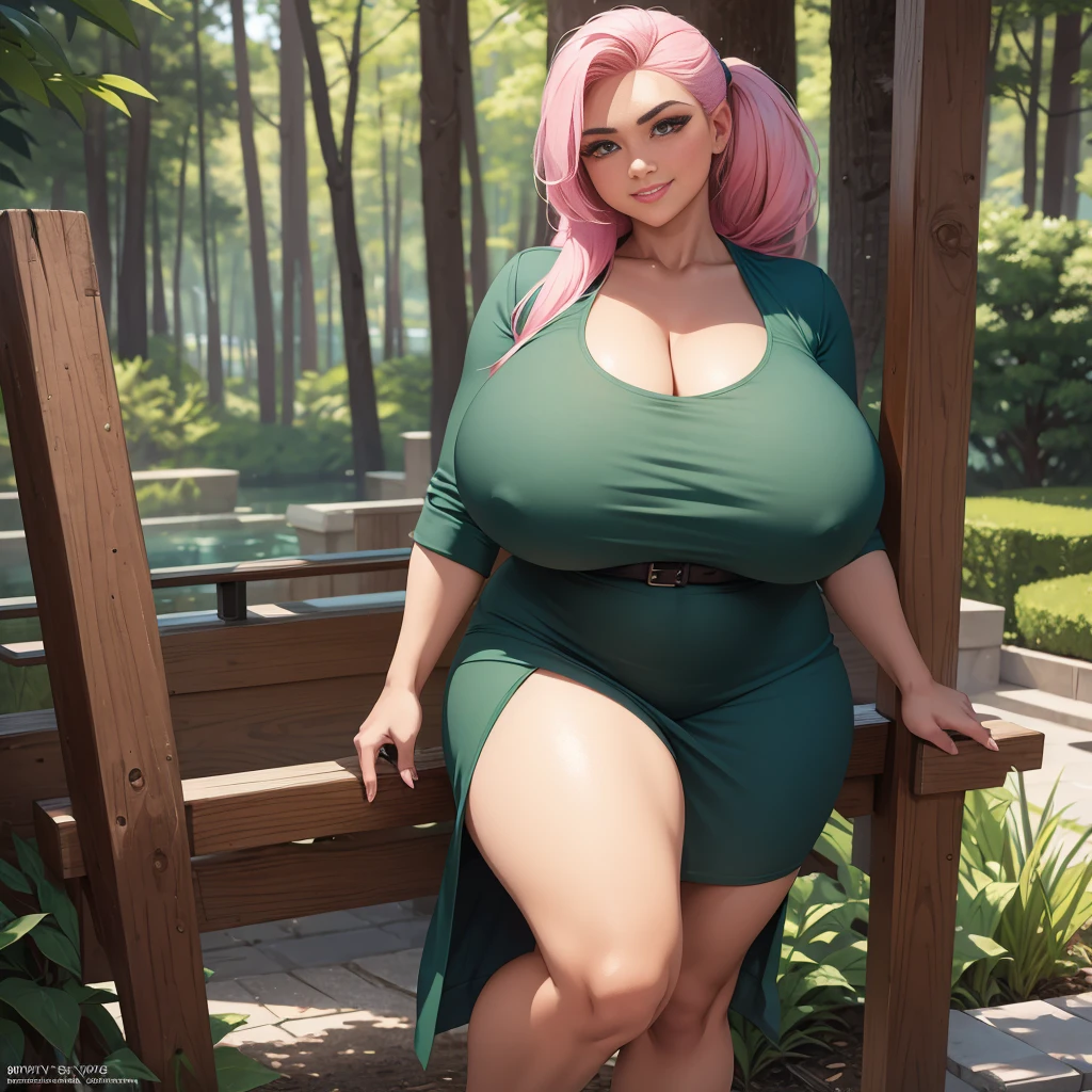 (masterpiece:1.2), (best quality:1.2), ((only one person:1)), {full body image:1},very huge breasts, huge ass, very wide hips, black woman, pink hair, long ponytail hair, Happy smile, realistic and detailed hands, realistic and detailed face, realistic and detailed tooth, realistic and detailed foots, realistic and detailed face, aviator sunglasses, park, walking on the trail, dark green short dress, extremely thicc.