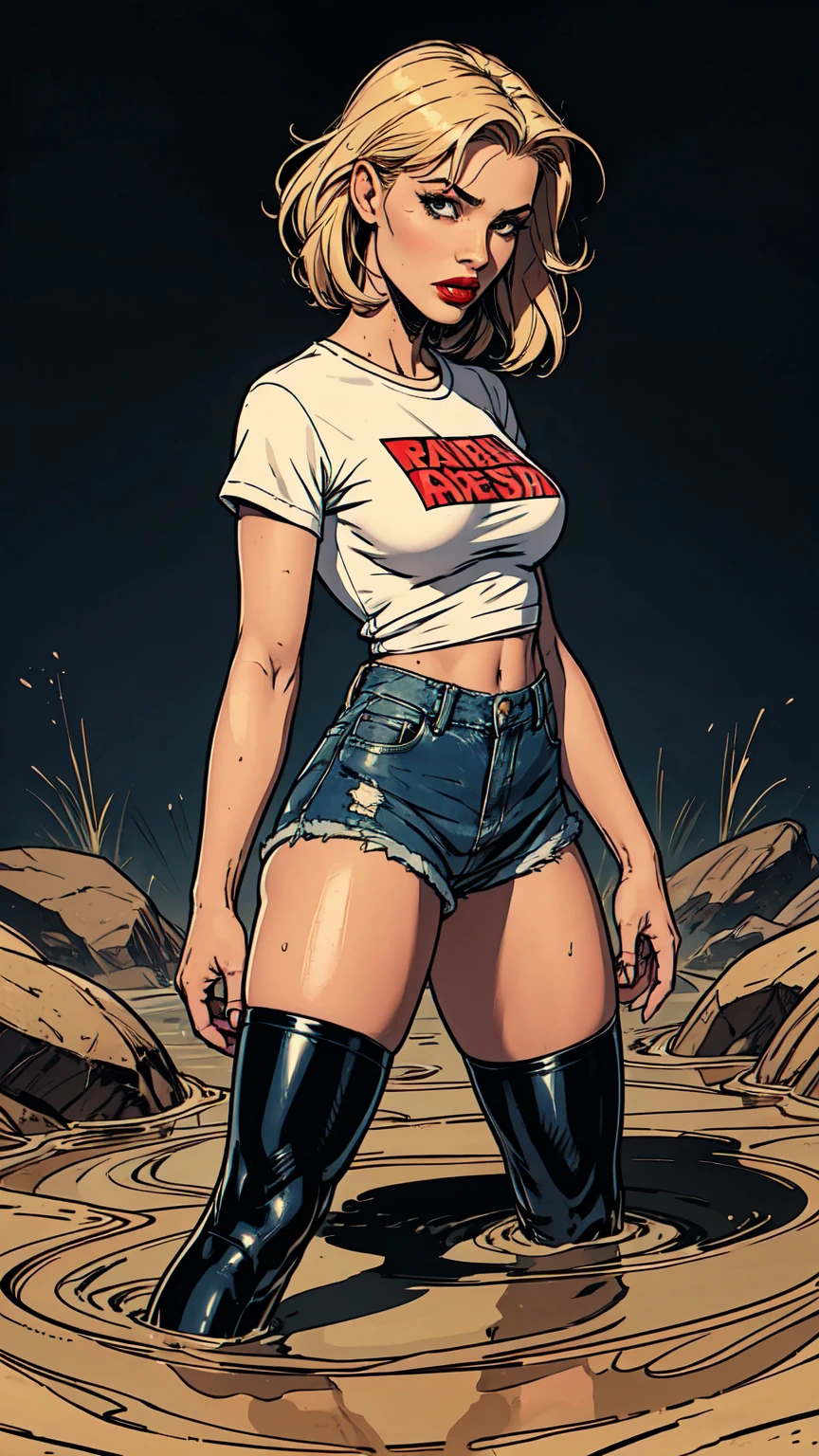masterpiece, sensation:1.2, attention-grabbing:1.2, void bright background, horny, sexual pleasure, feminine facial features, t-shirt, latex stockings with garters:1.2, denim shorts, horny posing, sinking, void quicksand, red lips
