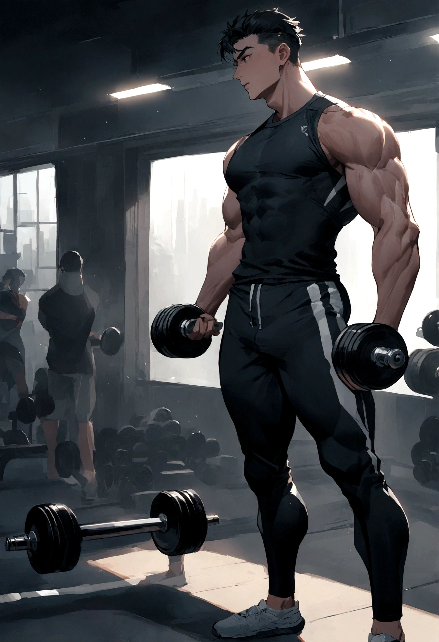 male people　age 30s　asian human　short-haired　Thin macho　traning　trainingwear　Pants Style　training gym　is standing　Dumbell　Dumbbell curls