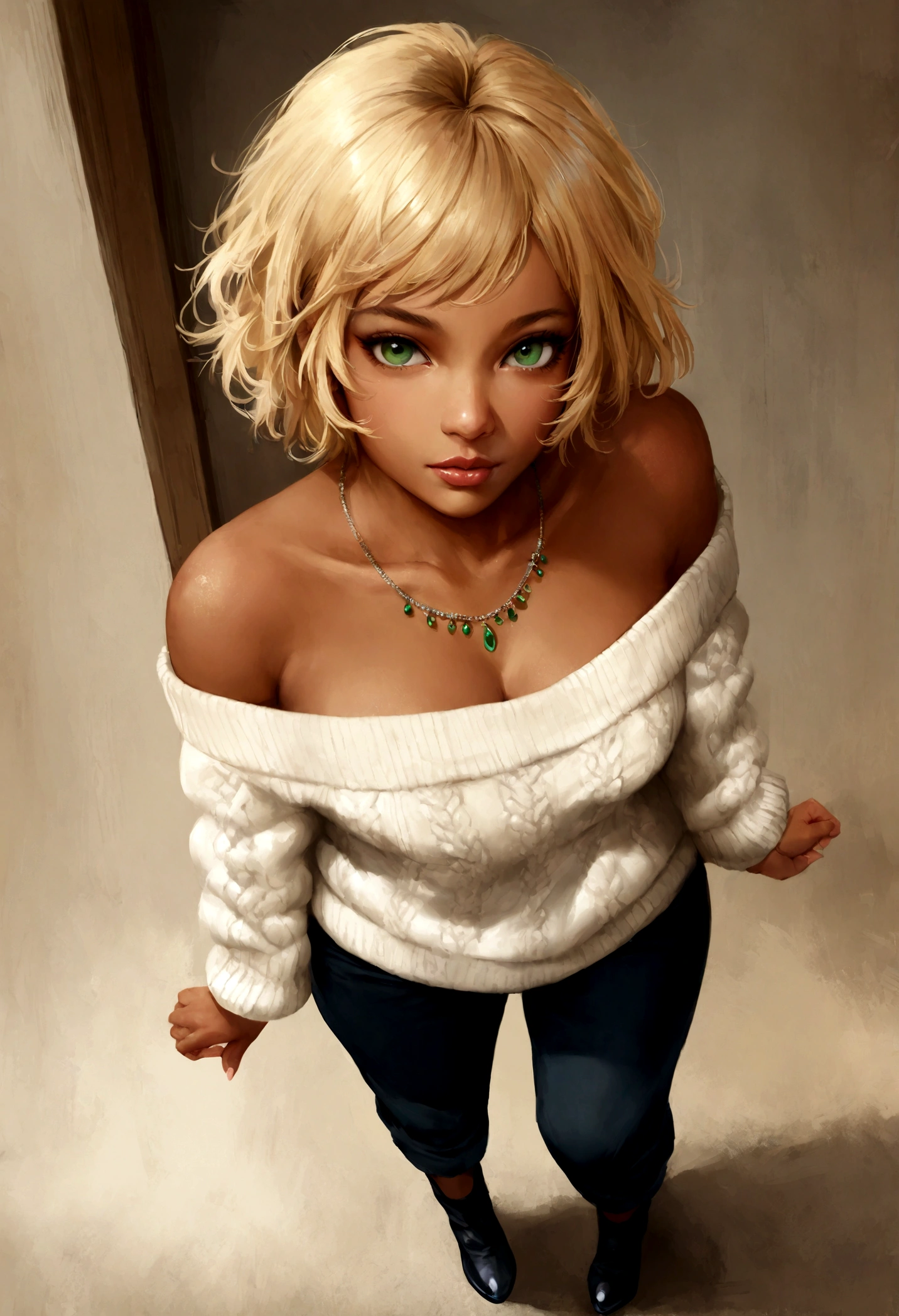 1girl in, age19, Solo, Short hair, Colossal , Looking at Viewer, blondehair, Bare shoulders, Green eyes, jewely, Full body, a necklace, off shoulders, Sweaters, Realistic, tan skin, 